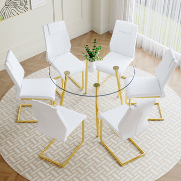 A Modern Minimalist Style Round Transparent Tempered Glass Table With Gold Metal Legs, Paired With 6 Modern Pu Leather High Back Dining Chairs Bring A Luxurious Experience. White Seats 6 Glass Metal