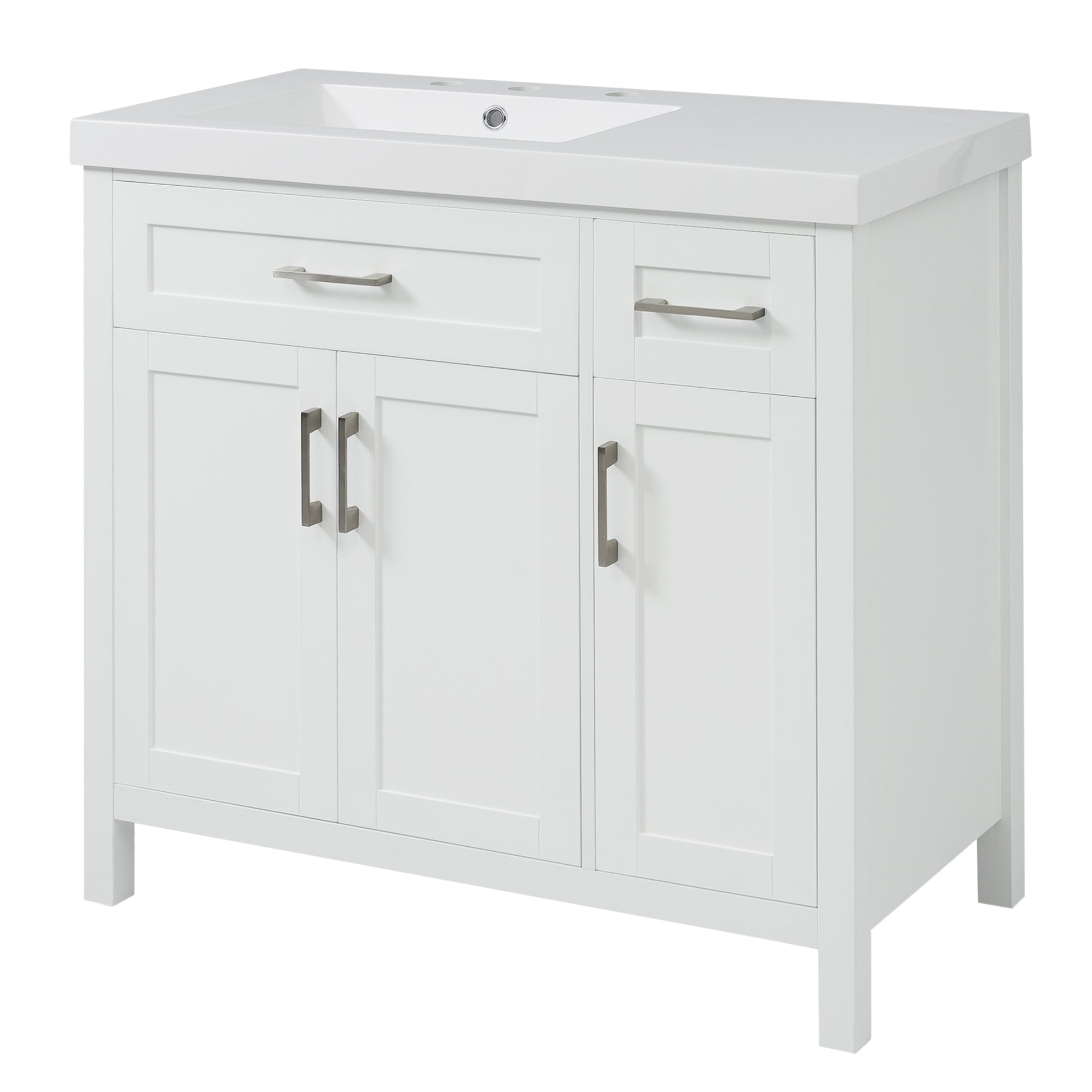 36" White Bathroom Vanity Cabinet With Resin Integrated Sink 2 Drawers, 3 Doors White Bathroom Solid Wood Mdf Resin