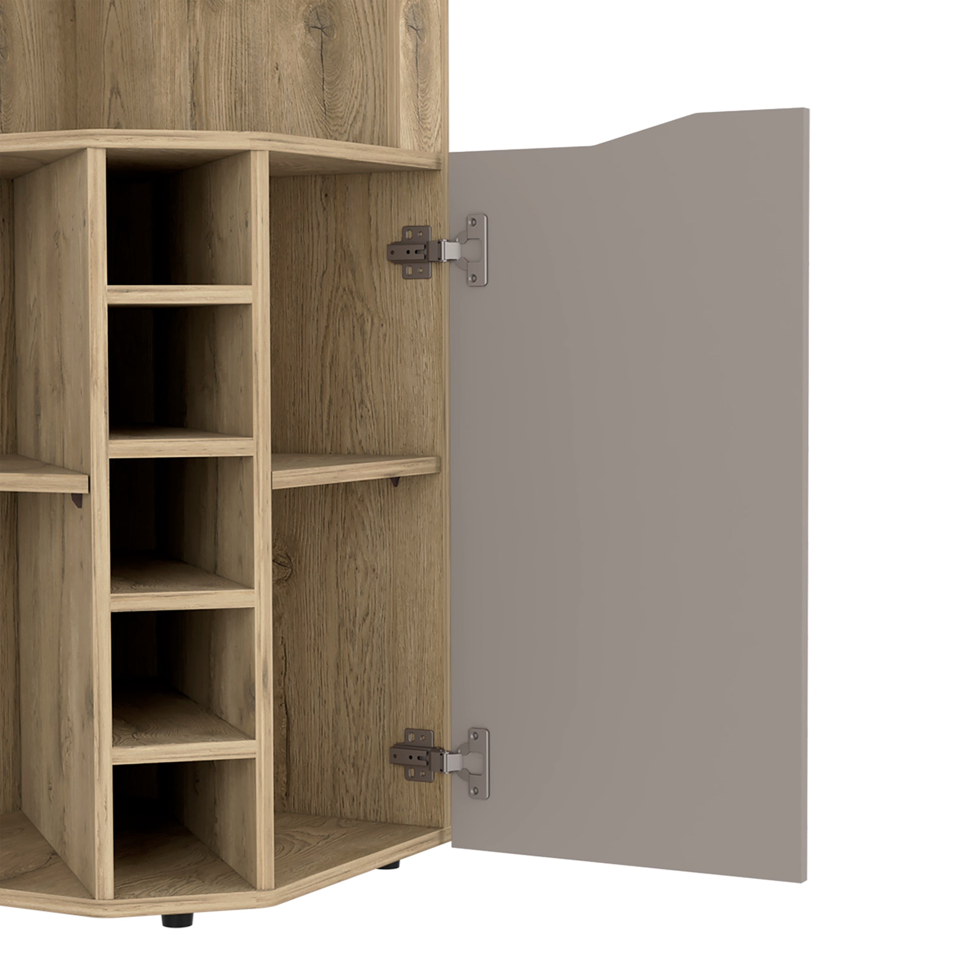 Obregon Corner Bar Cabinet, Ten Built In Wine Rack, Single Door Macadamia Taupe Taupe Natural Kitchen Modern Particle Board