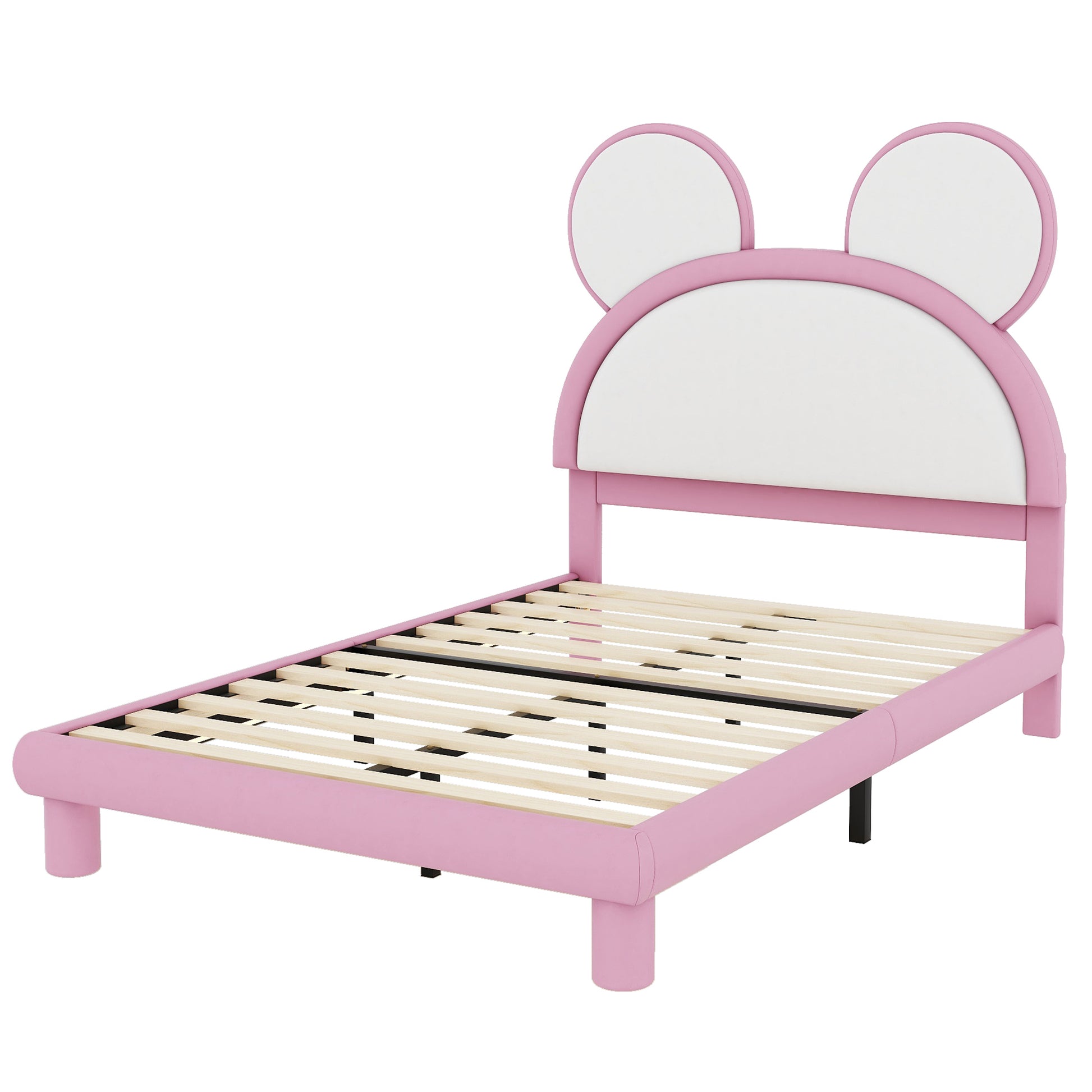 Full Size Upholstered Platform Bed With Cartoon Ears Shaped Headboard And Led, White&Pink Box Spring Not Required Full White Pink Bedroom Bed Frame Faux Leather Upholstered