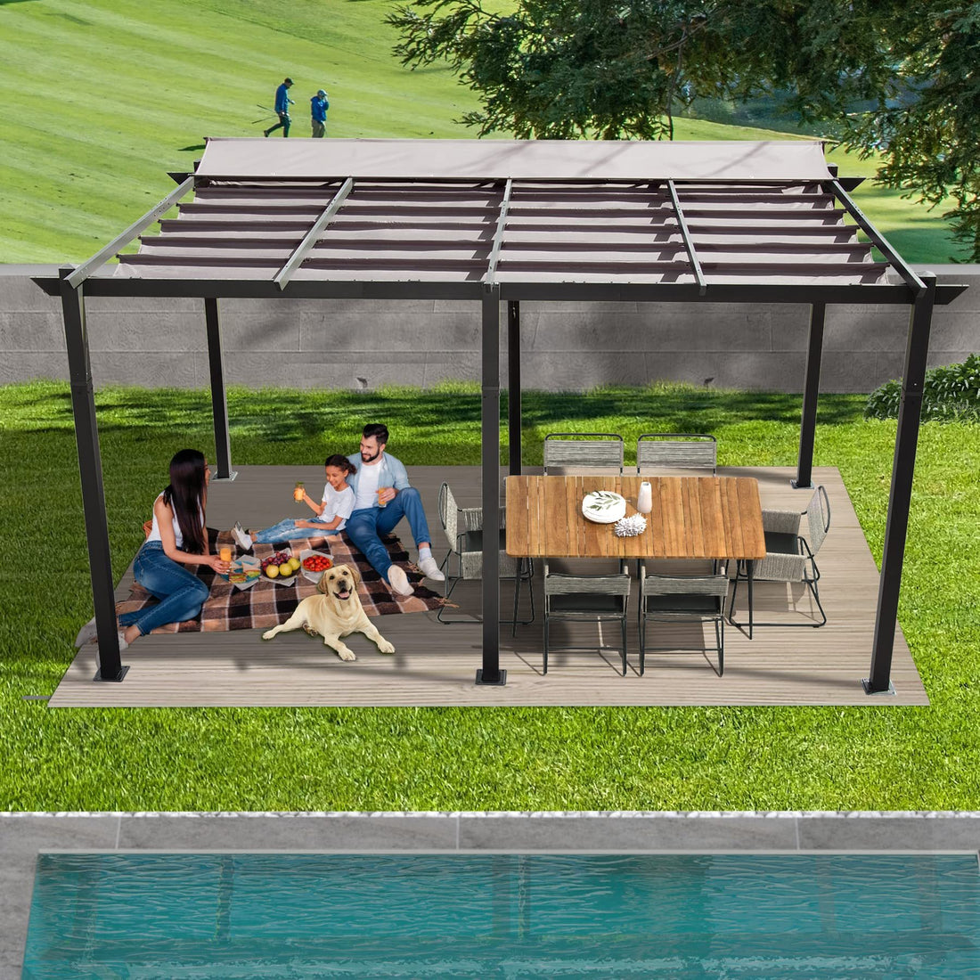 11 X 16 Ft Outdoor Living Outdoor Retractable Pergola With Weather Resistant Canopy Aluminum Garden Pergola Patio Grill Gazebo For Courtyard Dark Gray Dark Gray Rectangular Manual Uv Resistant Aluminum