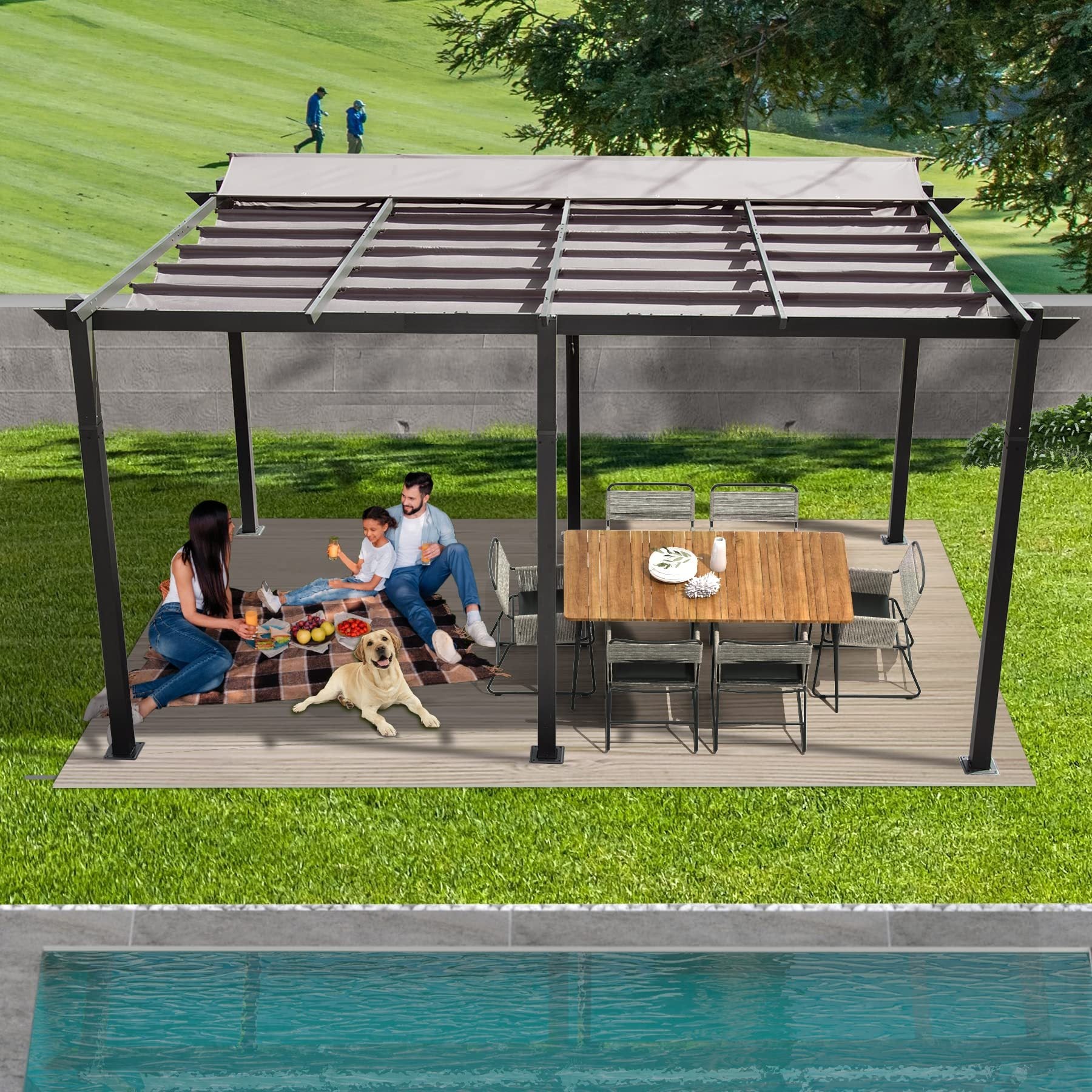 11 X 16 Ft Outdoor Living Outdoor Retractable Pergola With Weather Resistant Canopy Aluminum Garden Pergola Patio Grill Gazebo For Courtyard Dark Gray Dark Gray Rectangular Manual Uv Resistant Aluminum
