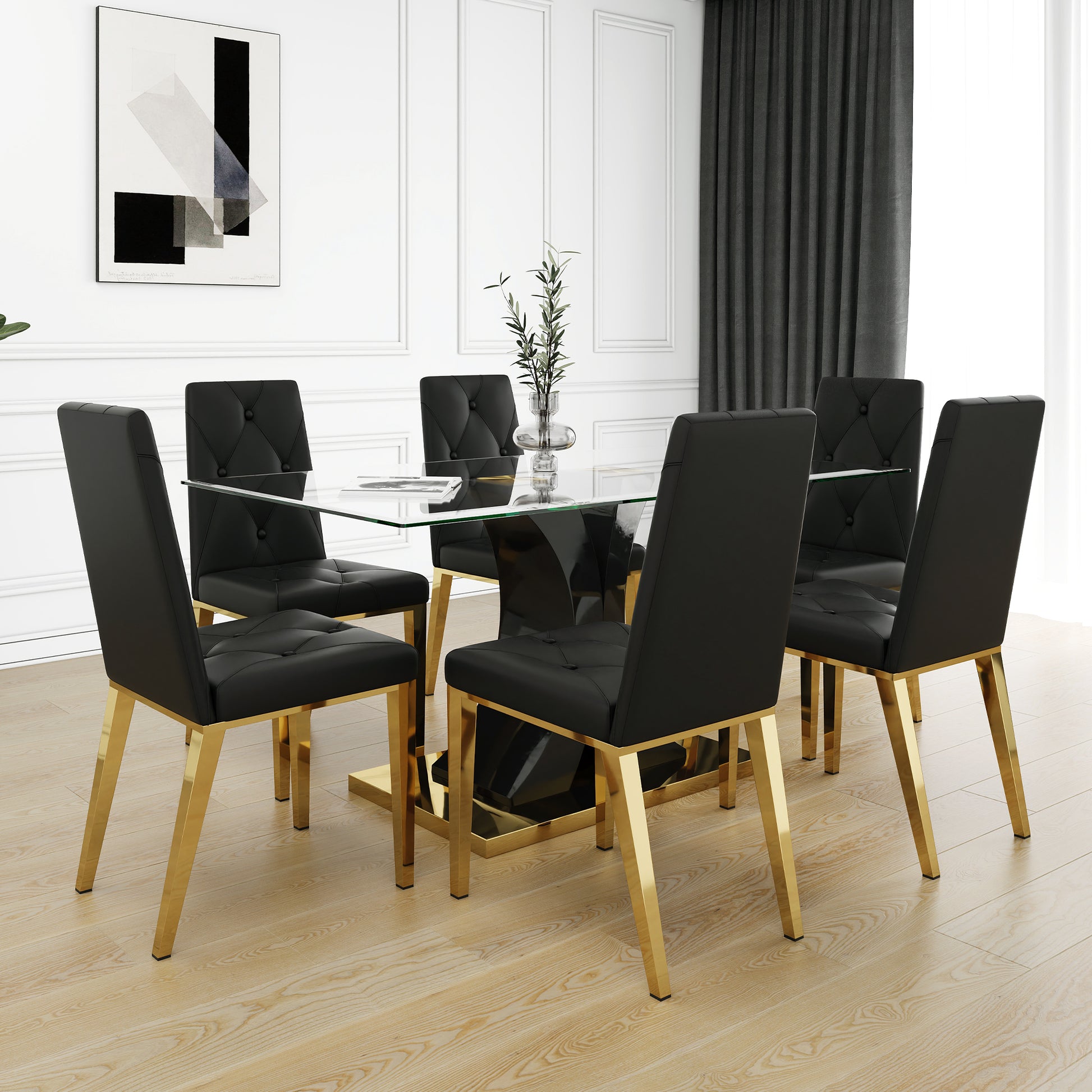 Modern Style Glass Dining Table, Elegant Transparent Design, Solid Support Base, Black Dining Chair Set, Gold Plated Chair Legs, Suitable For Restaurant Kitchens Set Of 7 Metal Gold Black Mdf Glass