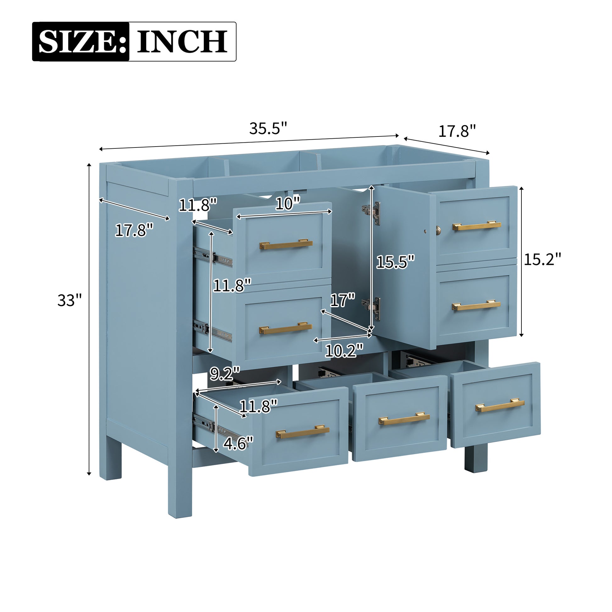 36'' Bathroom Vanity Without Sink, Solid Wood Frame Bathroom Storage Cabinet, Freestanding Vanity With 5 Drawers& Soft Closing Doors Not Include Basin Sink Blue Bathroom Solid Wood Mdf