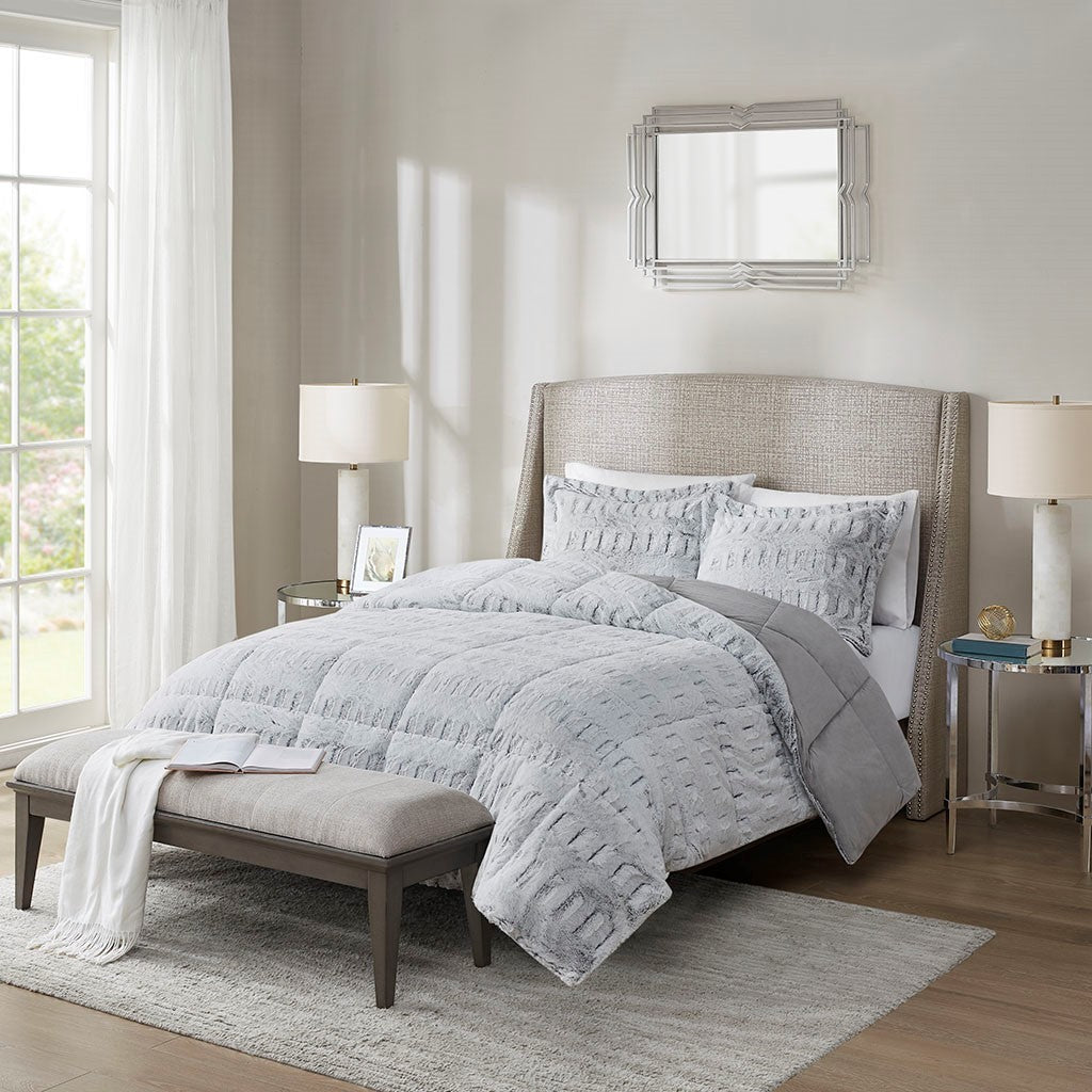 Back Print Long Fur Comforter Mini Set King Grey Polyester