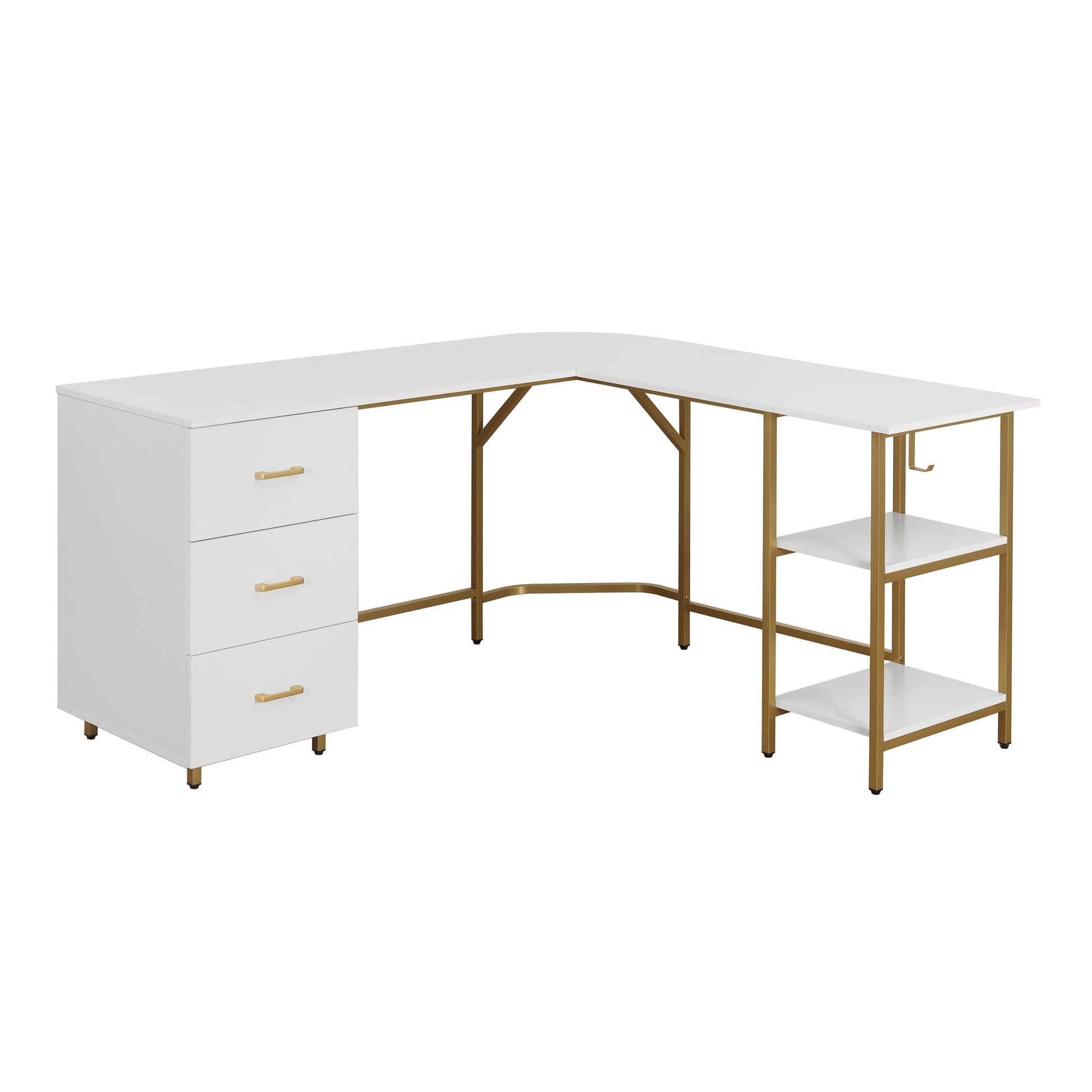 Techni Mobili L Shape Home Office Two Tone Desk With Storage, Gold Gold Computer Desk Office Modern L Shape Engineered Wood