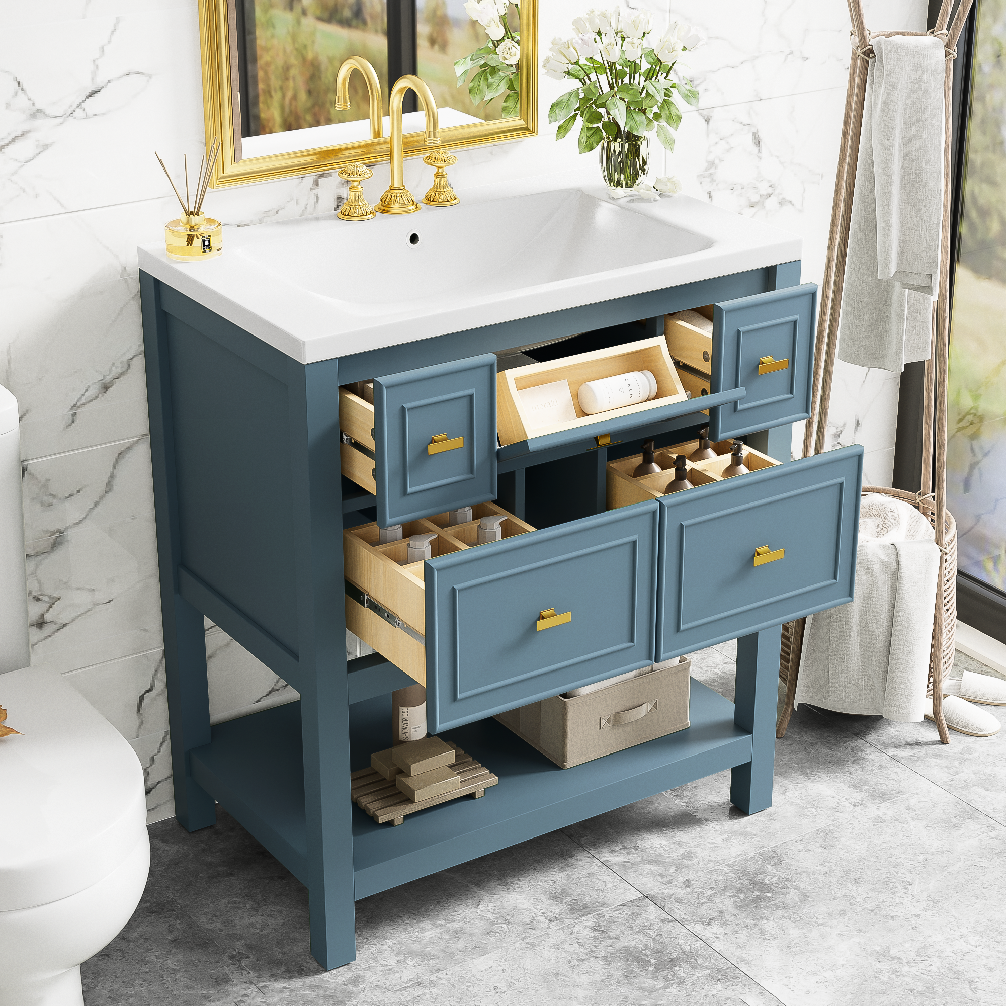 30'' Bathroom Vanity With Resin Sink Combo, Free Standing Single Vanity Set With 5 Drawers, Solid Wood Frame Bathroom Storage Cabinet, Blue 4 Blue 1 Bathroom Freestanding Modern Solid Wood Mdf Resin Painted