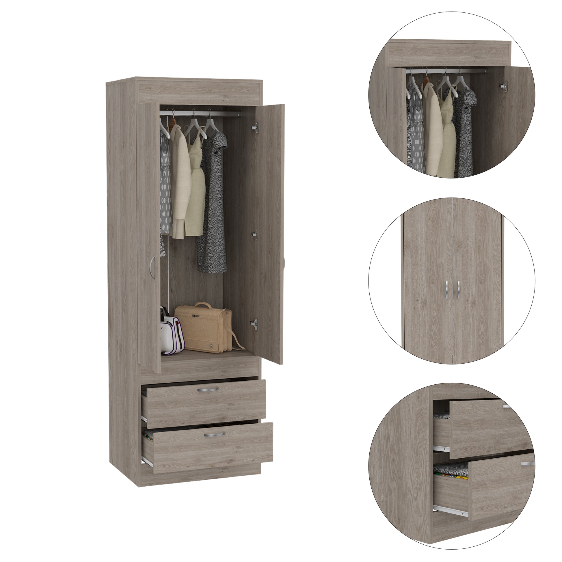 Armoire, Double Door Cabinet, Two Drawers, Metal Handles, Rod, Light Gray Light Gray Solid Wood Mdf Engineered Wood