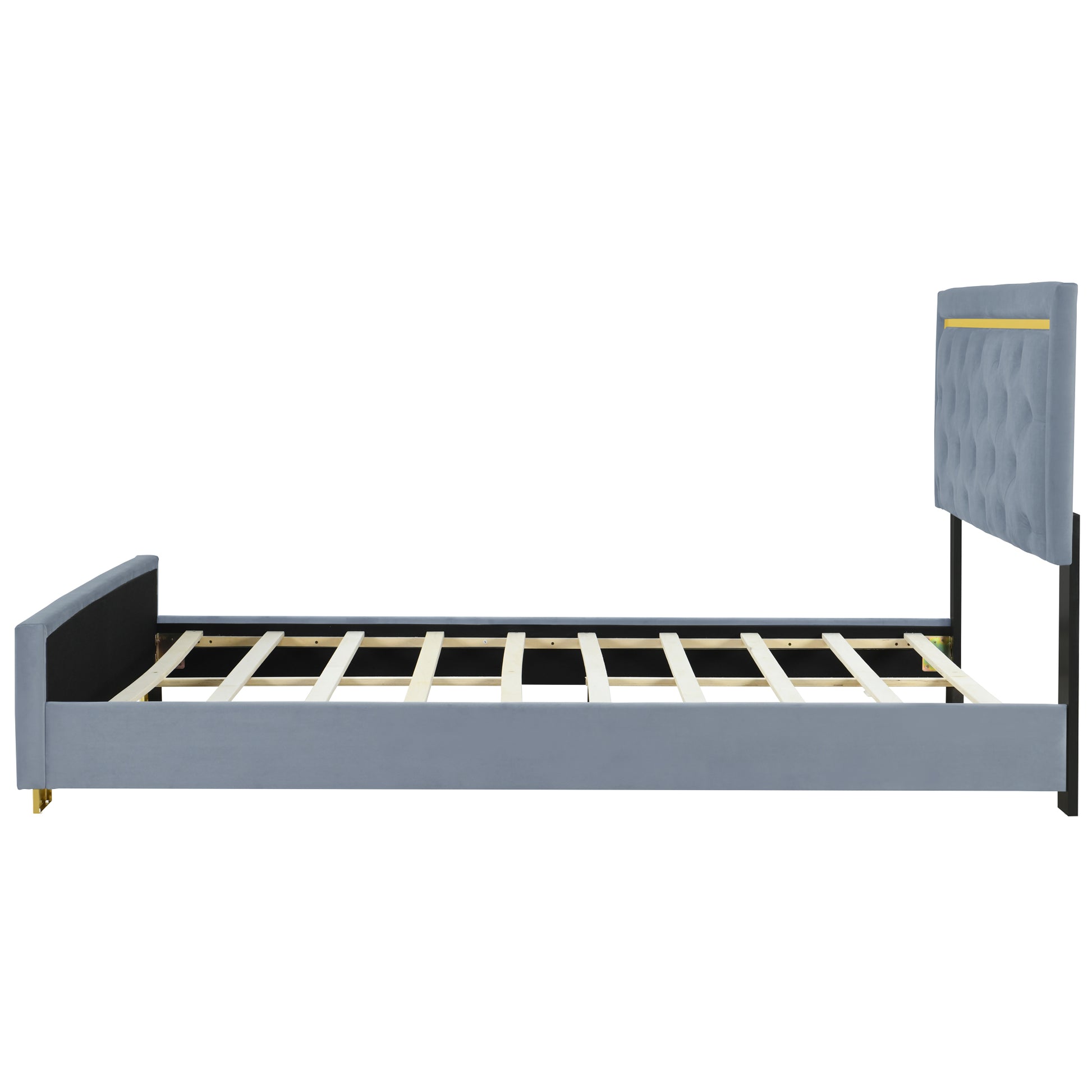 Queen Size Upholstered Platform Bed With Pull Point Headboard And Metal Wire Frame At The Head And Foot Of The Bed, Metal Feet, Velvet, Gray Queen Gray Mdf Lvl