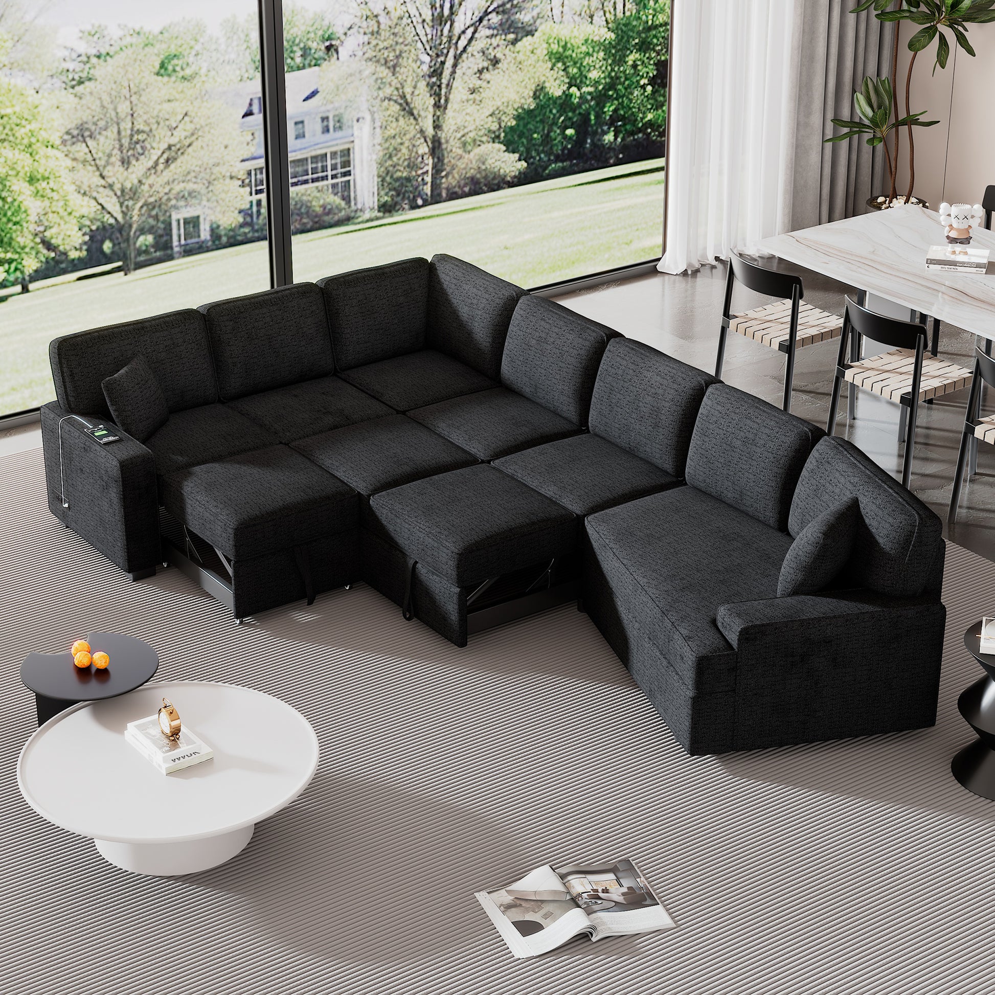 126" L Shaped Sofa Sectional Sofa Couch Pull Out Sofa Bed With Charging Devices And Cup Holders For Living Room, Blue Black Black Blue Foam Chenille 6 Seat