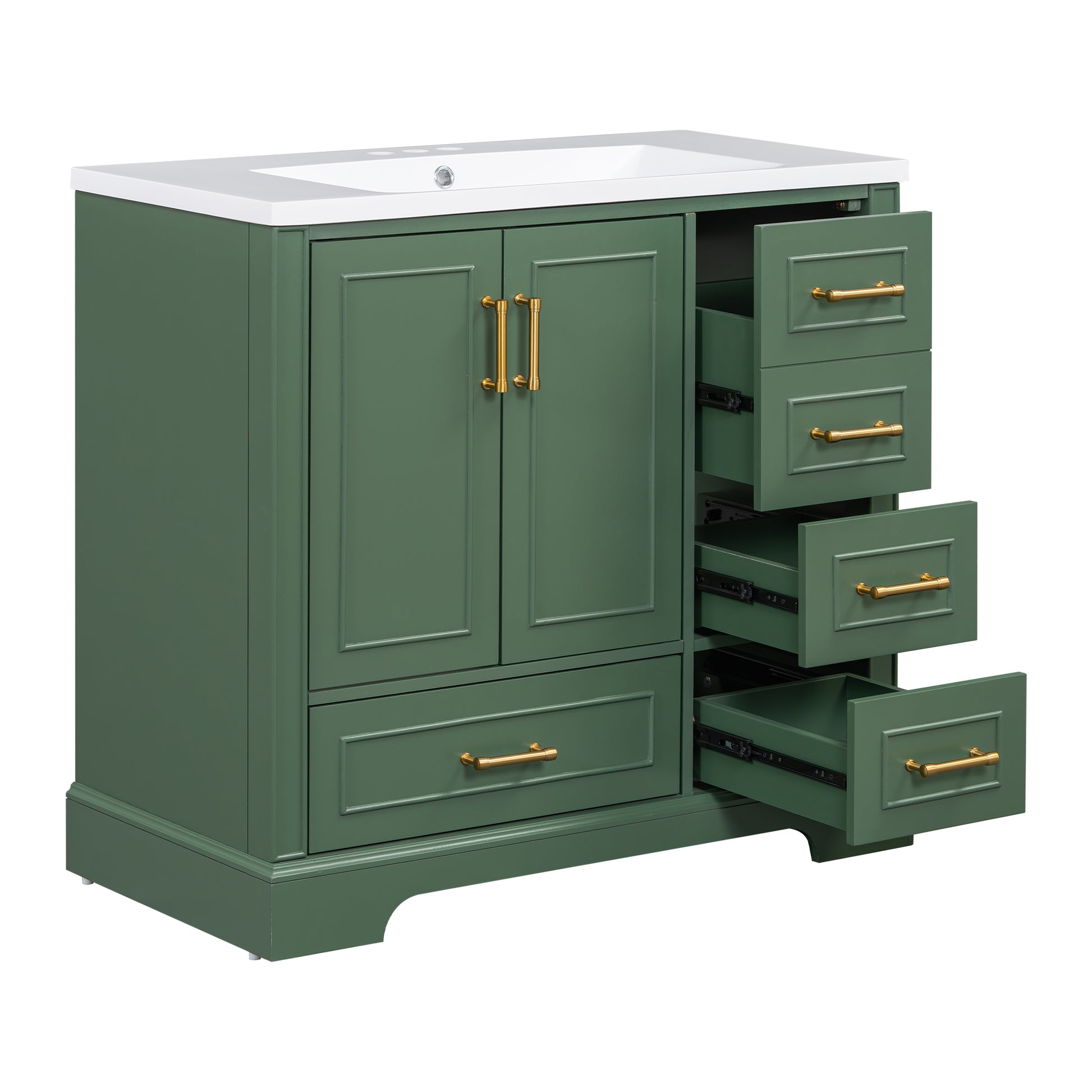 36 Inch Traditional Bathroom Vanity With Resin Sink Combo Set, Green Bathroom Cabinet With Two Doors And Four Drawers Green Bathroom Solid Wood Mdf Resin