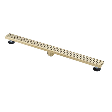 36 Inches Linear Shower Drain With Removable Quadrato Pattern Grate, 304 Stainless Shower Drain Included Hair Strainer And Leveling Feet Brushed Gold Stainless Steel