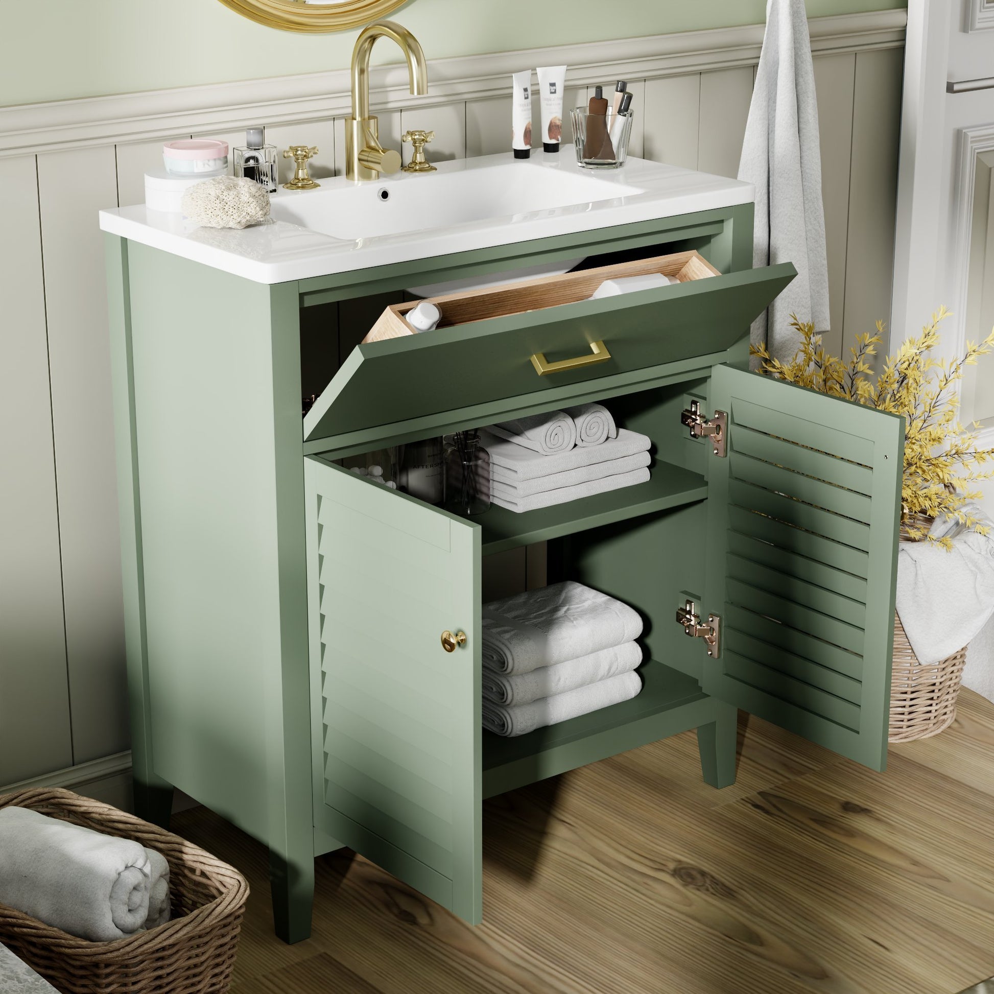 30 Inch Bathroom Vanity With Ceramic Sink Combination, Large Storage Features 1 Pullout And Multifunctional Shelf Dividers Green Bathroom Solid Wood Mdf