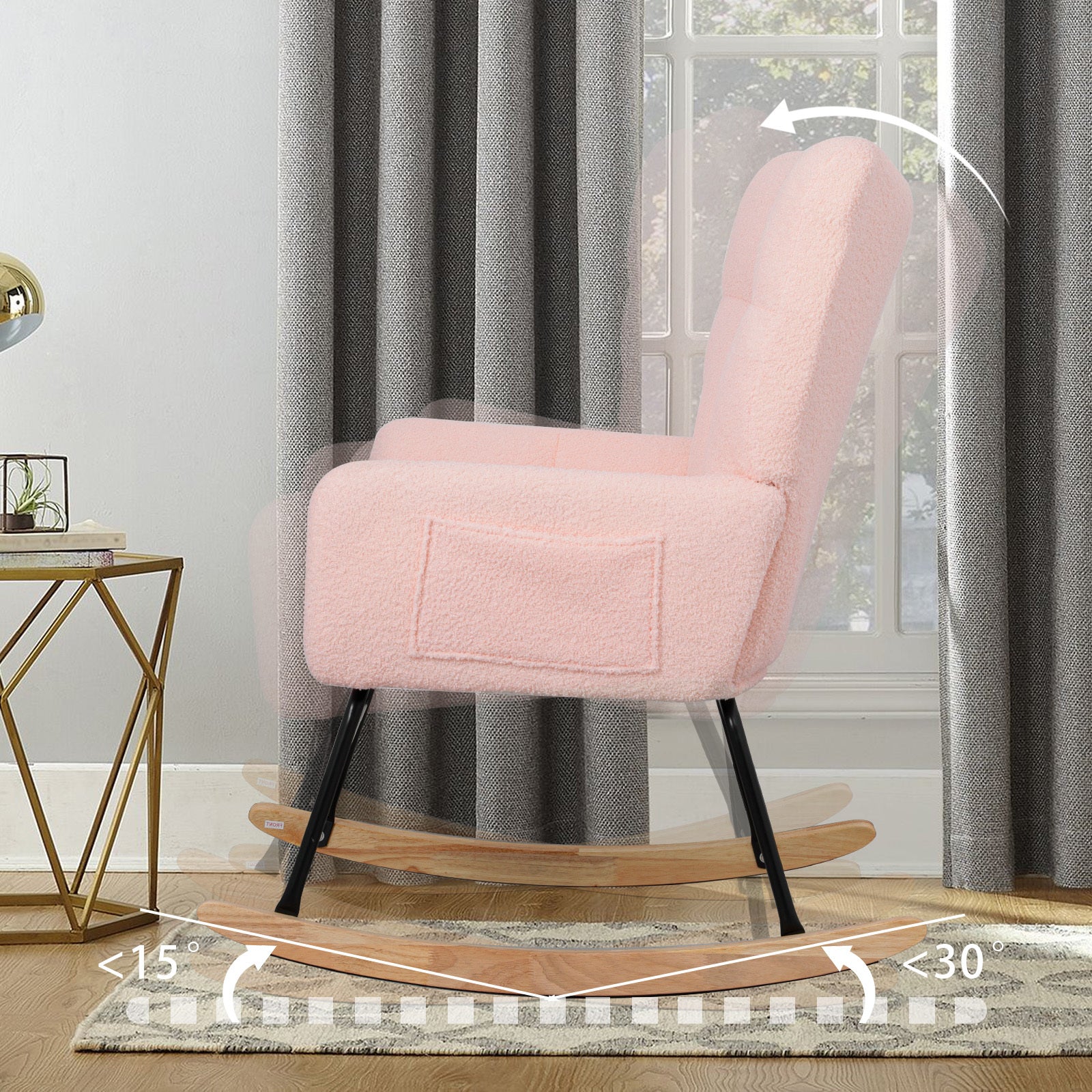 Teddy Fabric Rocking Chair, Upholstered Rocker Armchair With High Backrest, Modern Rocking Accent Chair For Nursery, Living Room, Bedroom, Pink Metal Pink Light Brown Bedroom Foam Wipe Clean Modern Rocking Chairs Rubberwood Tufted Back Foam Fabric