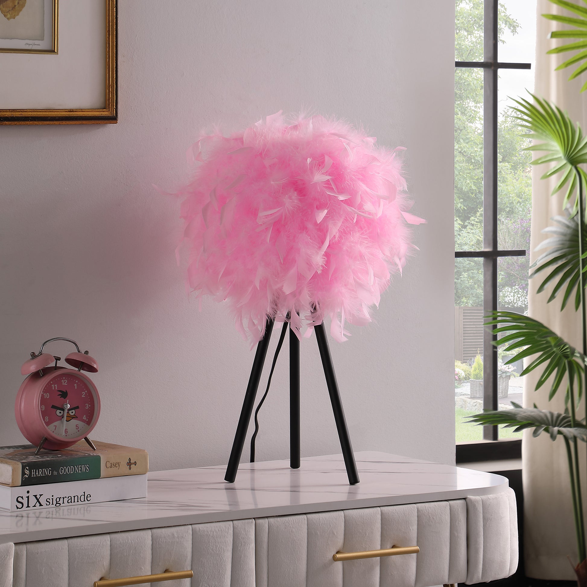 20.5" In Hot Pink Feather Shade Tripod Modern Metal Table Lamp Pink Polyester