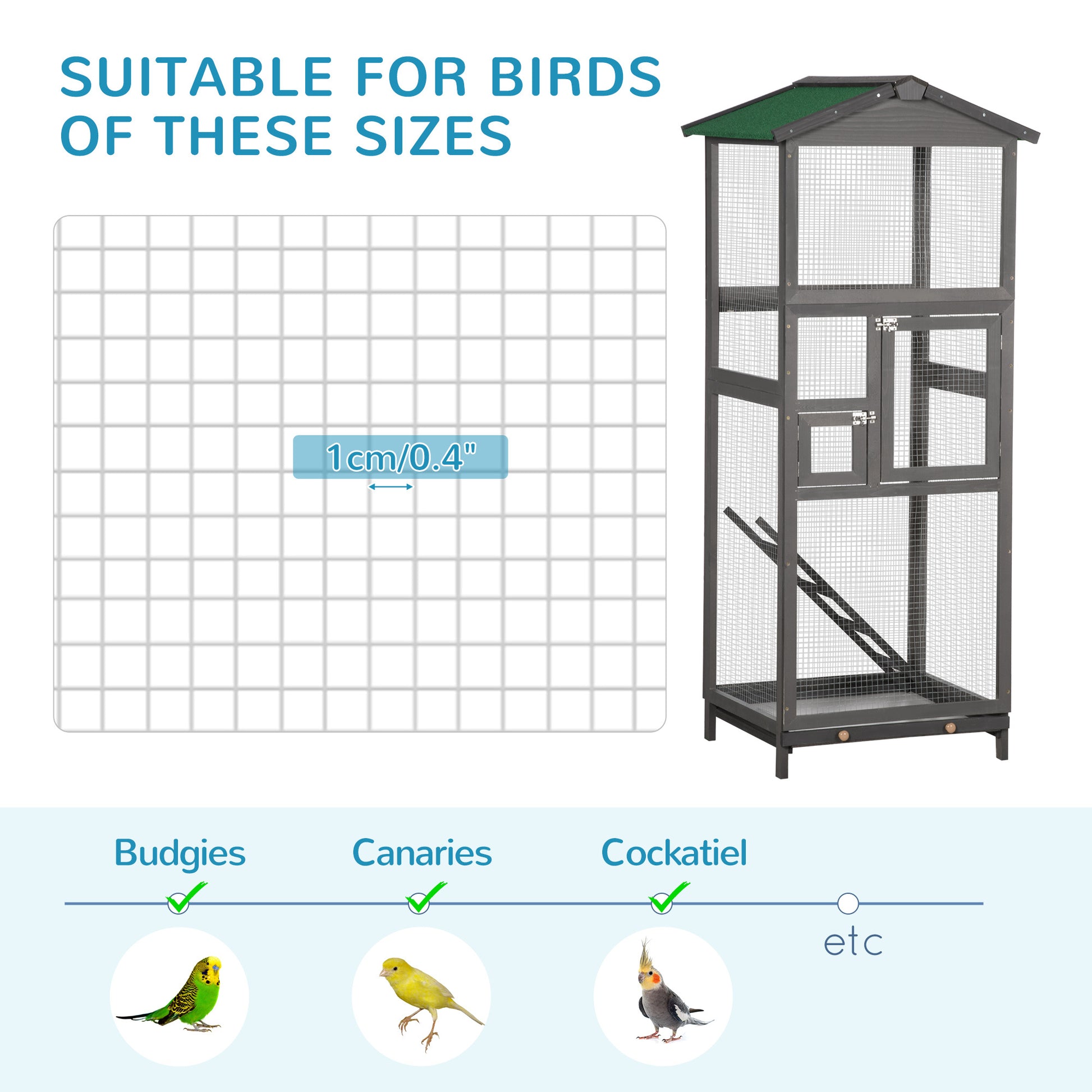 Pawhut 65" Wooden Bird Cage Outdoor Aviary House For Parrot, Parakeet, With Pull Out Tray And 2 Doors, Grey Gray Wood