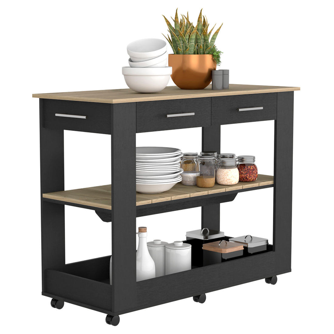 Kitchen Island 36" H, Six Casters, Two Drawers, Two Open Storage Shelves, Towel Hanger, Black Light Oak Multicolor Particle Board Particle Board