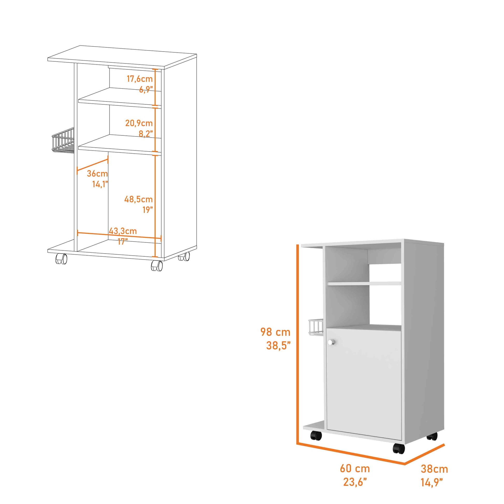 Columba Kitchen Cart, Single Door Cabinet, Four Caster White Dining Room Modern Rectangular Stationary Kitchen Islands Mdf Engineered Wood Medium 40 55In