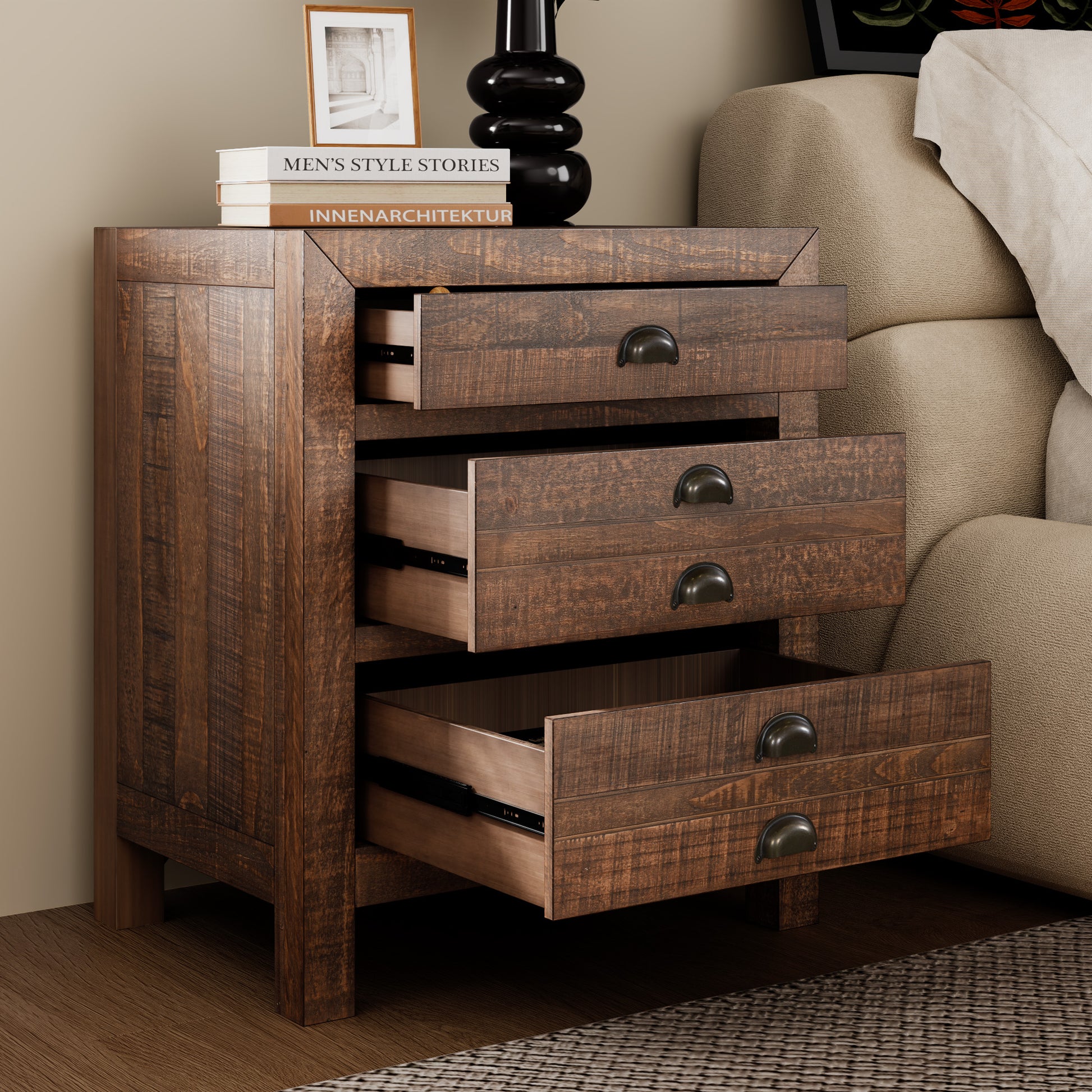 Rustic Farmhouse Style Three Drawer Solid Pine Wood Nightstand With Cup Pulls And Integrated Charge Station Brown 3 Drawers Bedroom Pine Pine,Plywood