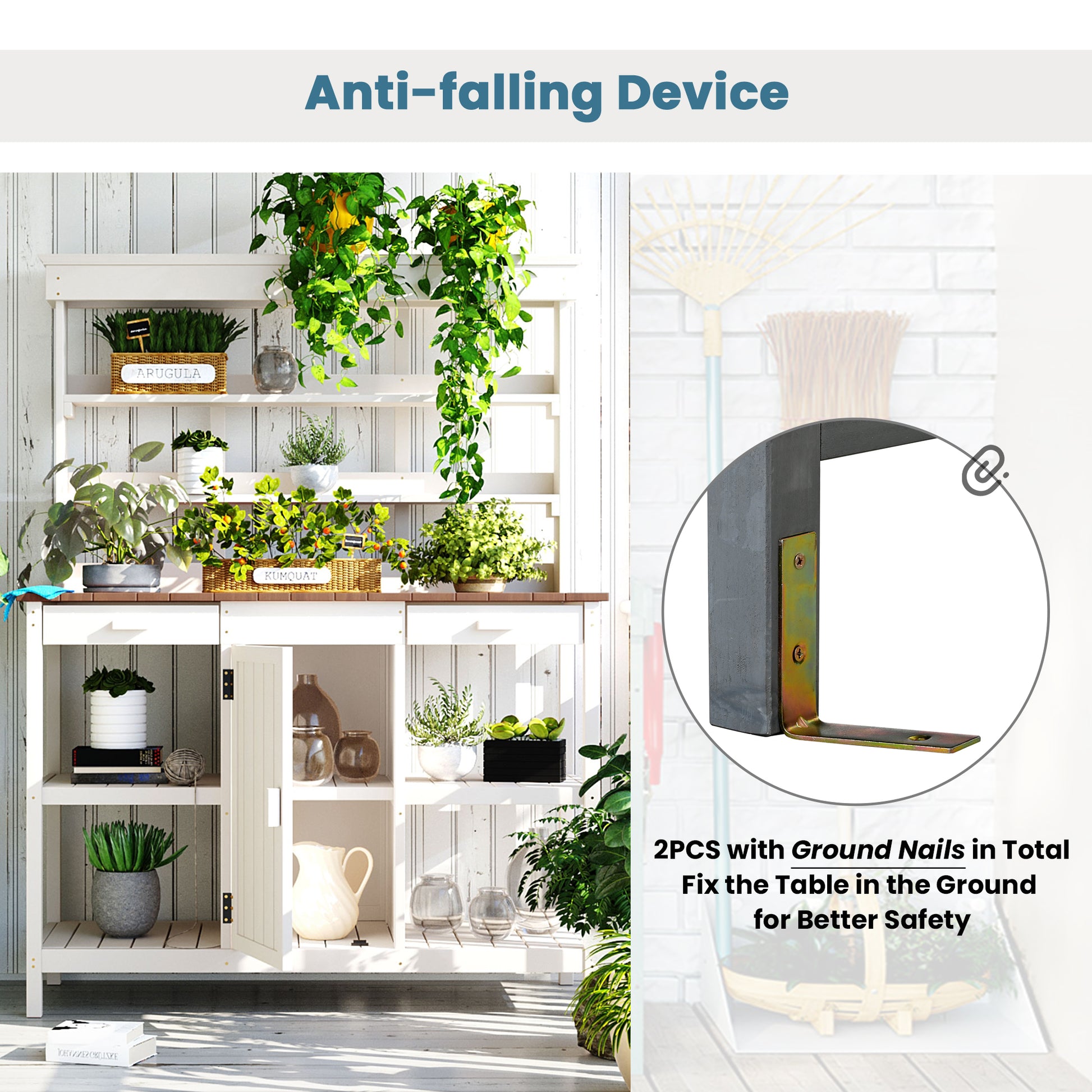 66" Large Outdoor Farmhouse Wooden Potting Bench Table, Garden Workstation With 2 Drawers, Cabinet And Open Shelves For Backyard, Mudroom, White White Garden & Outdoor Casual Wood Solid Wood