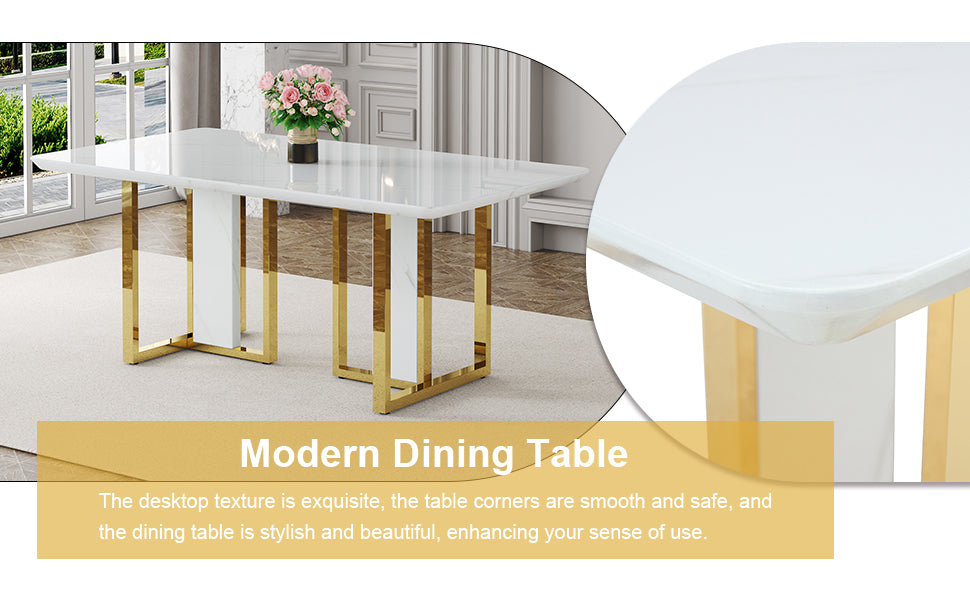 Table And Chair Set.67"X36" White Marble Pattern Mdf Dining Table Set With 8 Light Gray Pu Chairs.Mdf Sticker,White Marble Pattern Sticker,Gold C Tube Chair Legs,Suitable For Kitchen,Dining