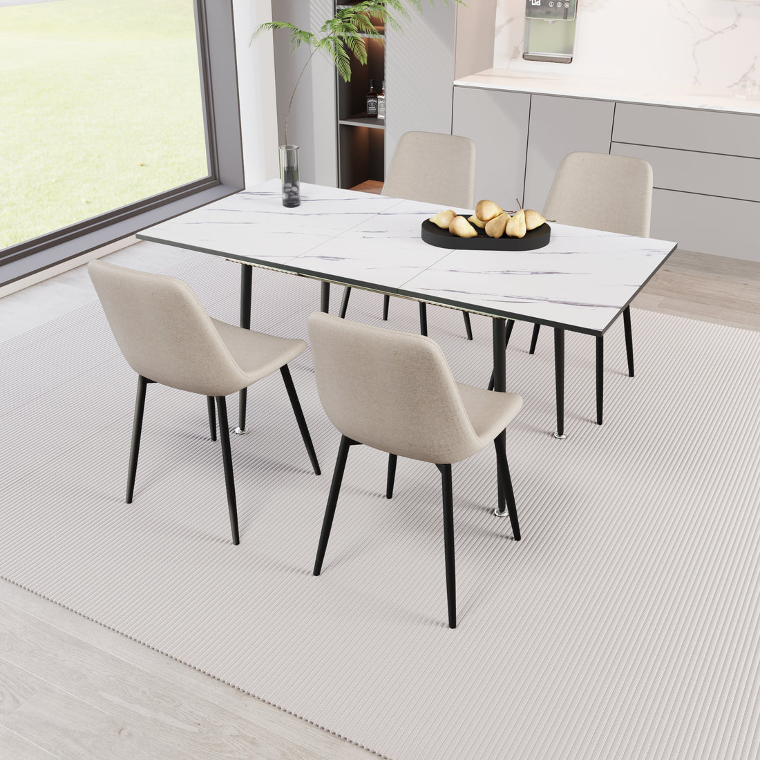 Scalable Mdf Modern Dining Table And Chair Set, Suitable For 2 6 People, White Dining Table And Modern Beige Dining Chair 4 Piece Set, Medieval Dining Table Set, Metal Base And Linen Chair Beige White Mdf