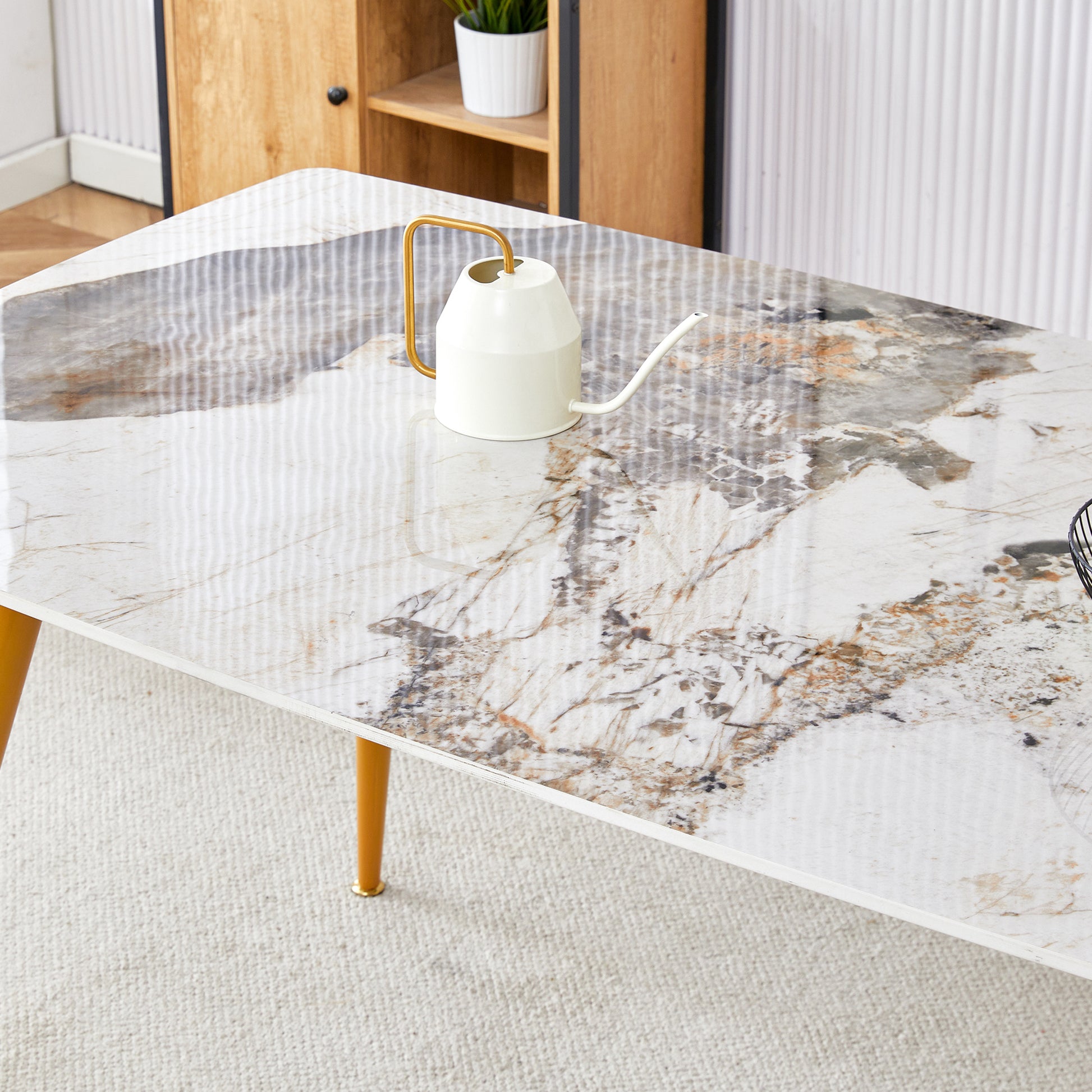 Modern Minimalist Dining Table. White Imitation Marble Pattern Sintered Stone Desktop With Golden Metal Legs.62.2"*34.6"*30" F 001 Gold Sintered Stone