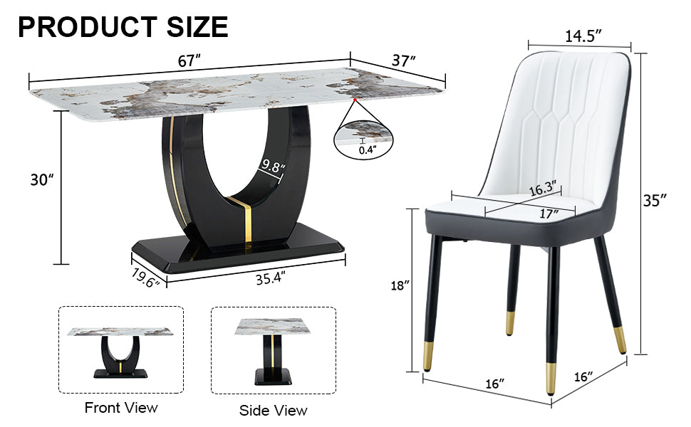 Table And Chair Set, Modern Dining Table, Patterned Table Top And Black Mdf Leg Table, Soft And Comfortable Dining Chair, Perfect For Dinner, Meetings, Home And Office Decor White Gray Mdf Glass