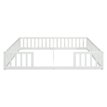 Double Twin Floor Bed With Fence, Guardrails, Without Door, White Twin White American Design Pine