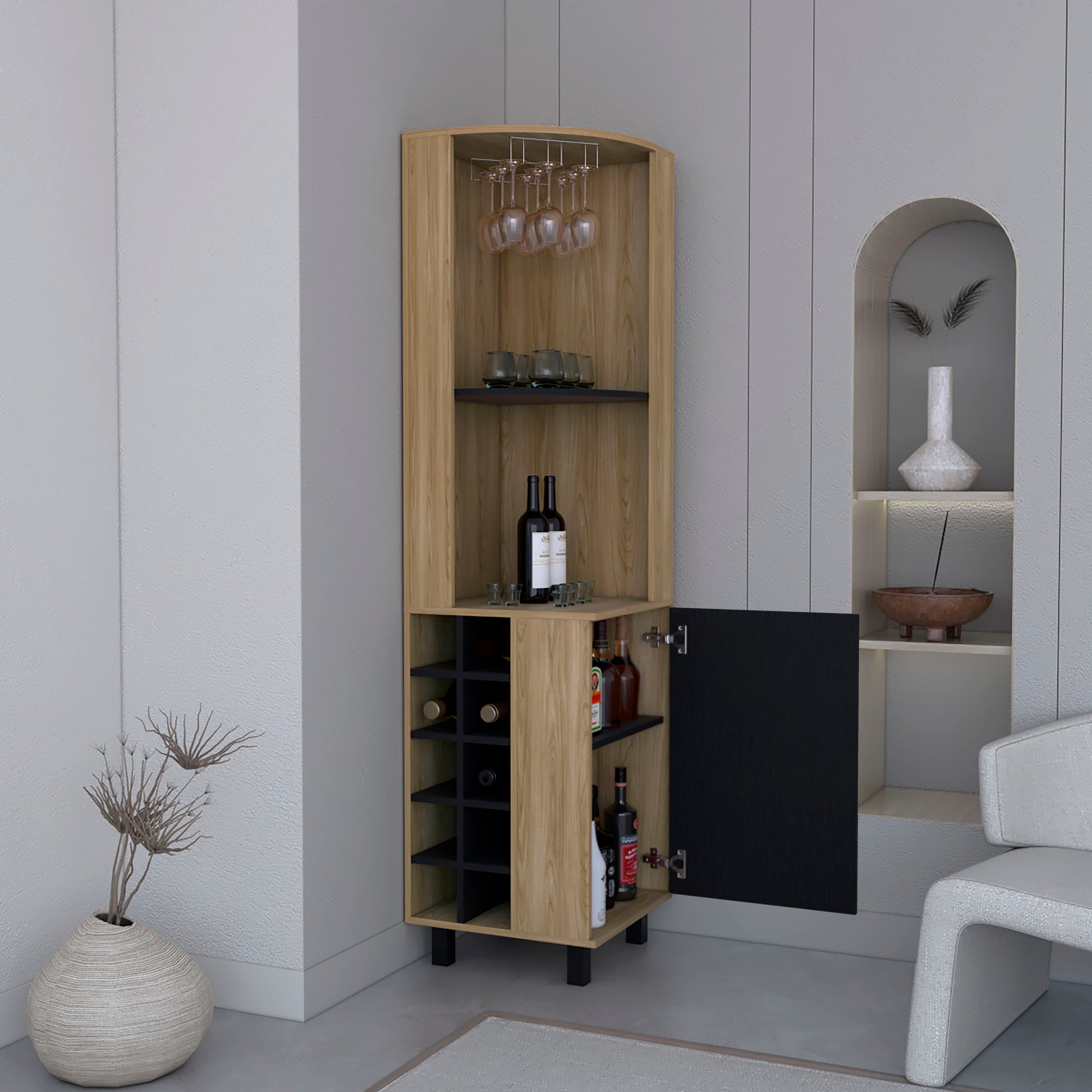 Kaia 70" Tall Corner Bar Cabinet With Four Shelves, Ten Wine Bottle Cubbies And Stemware In Black Pine Multi Primary Living Space Modern Particle Board