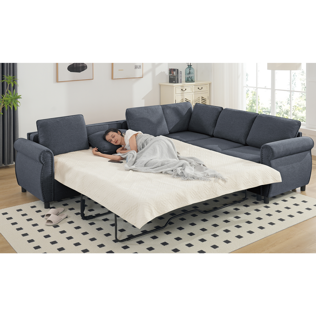 Arrived Sleeper Sofa, 2 In 1 Pull Out Couch Bed,6 Seater Sofa Bed, L Shaped Sleeper Sectional Sofa Couch,Riveted Sofa,104'' Large Combined Sofa Bed In Living Room, Dark Gray Gray Polyester Wood Primary Living Space Medium Soft Cushion Back Modern