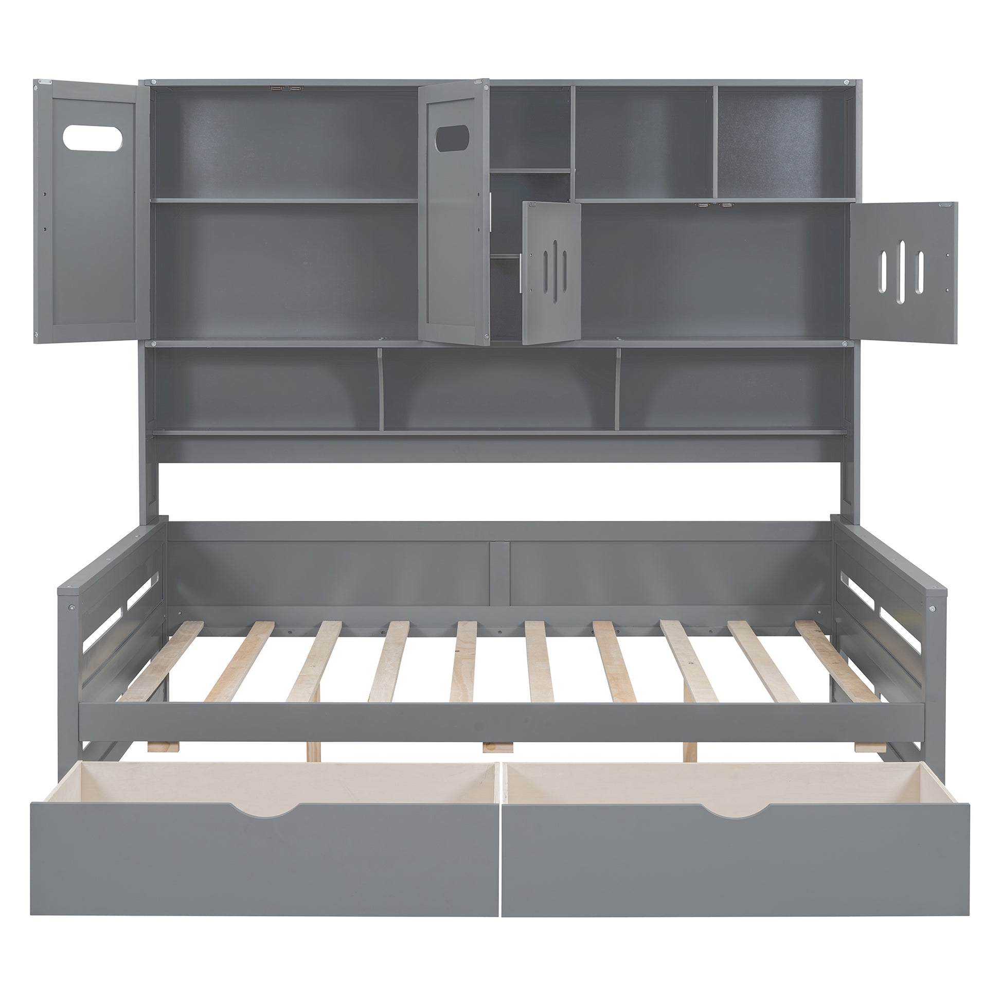 Full Size Wooden Daybed With 2 Drawers, And All In One Cabinet And Shelf, Gray Full Gray Wood