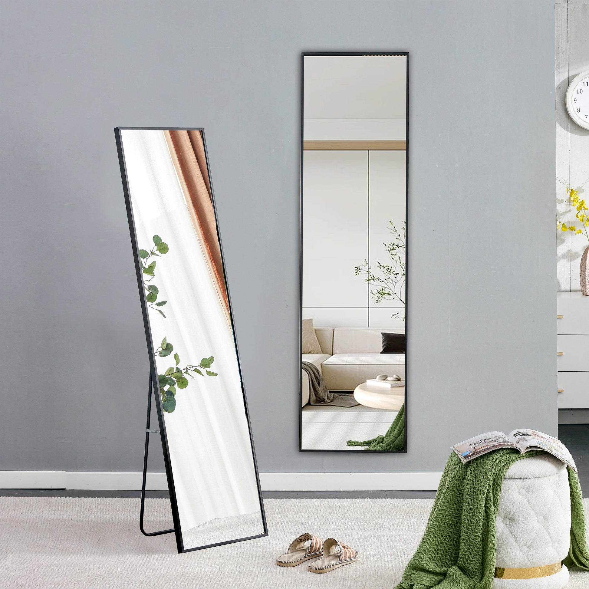 The 4St Generation Aluminum Alloy Metal Frame Wall Mounted Full Body Mirror, Bathroom Makeup Mirror, Bedroom, Decorative Mirror, Clothing Store, Floor Mounted Large Mirror, Black 63 "* 20"W1151127265 Black Glass