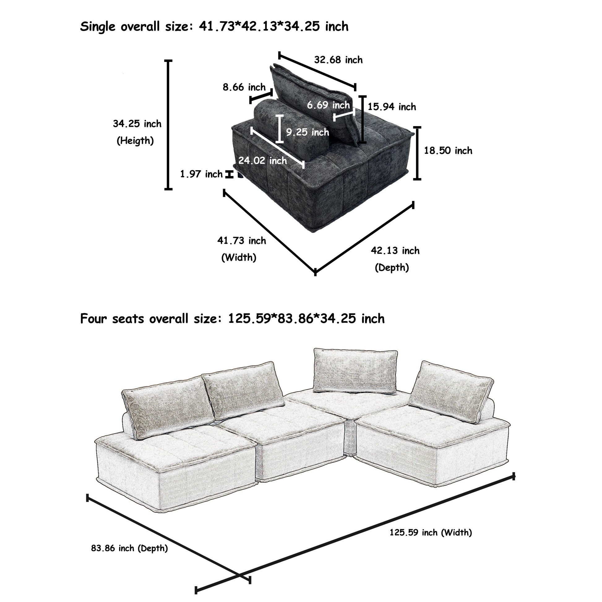 Versatile 4 Module Sofa With Adjustable Backrests And Customizable Configuration Chenille Black Sofa Black Chenille 4 Seat