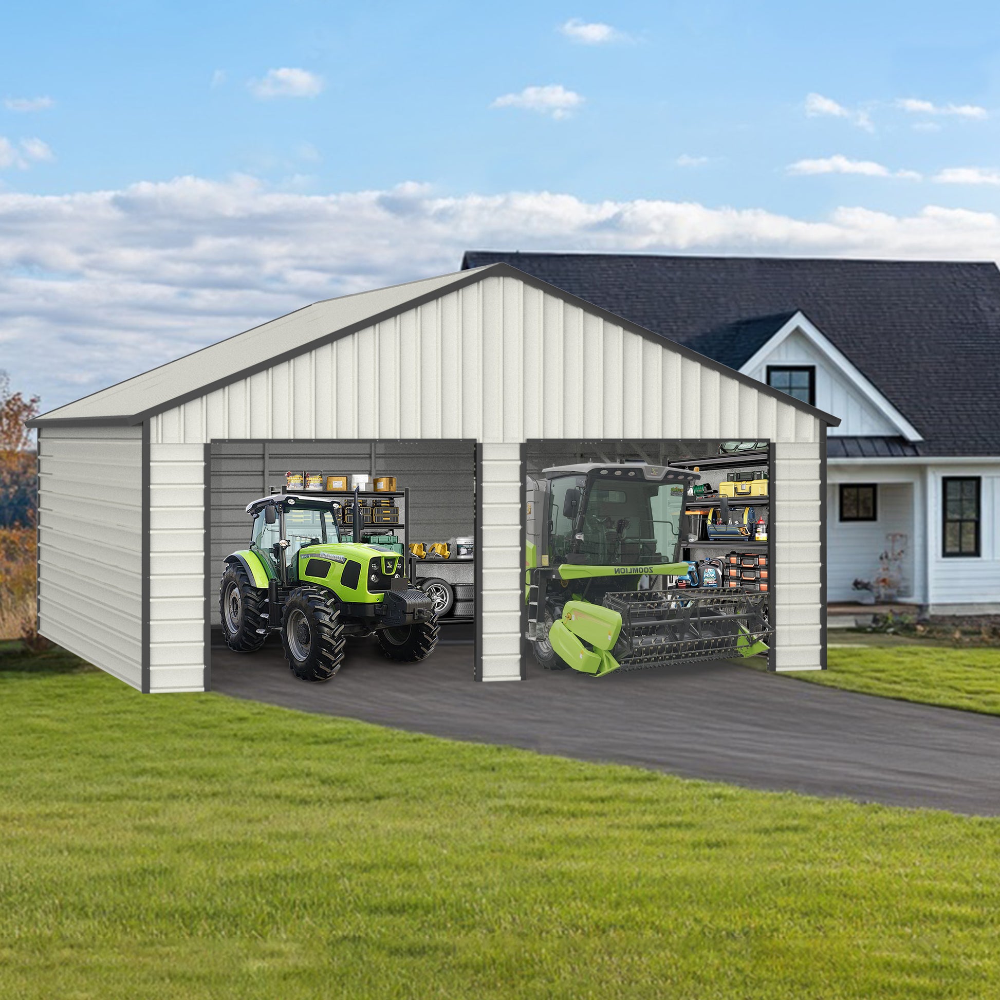 23Ft X 22Ft Double Garage Metal Shed With Side Entry Door,Can Storage Power Tools, Motorized Machinery, Farm Equipment, Pick Up Truck Cream Garden & Outdoor Metal