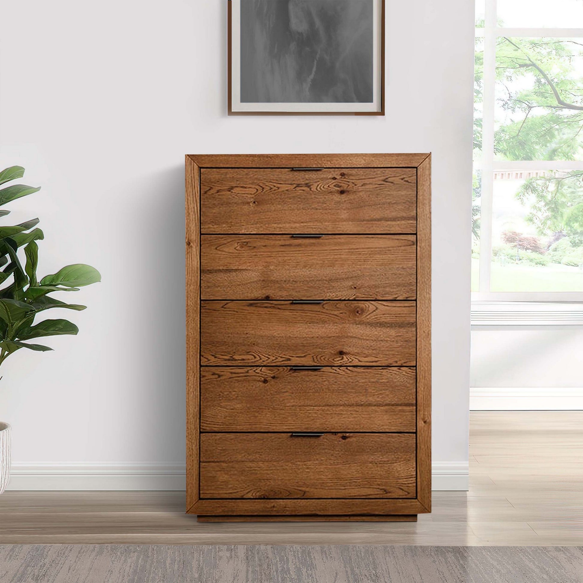 Lier 48 Inch Tall Dresser Chest, Brown Wood, 5 Drawers, Integrated Han Lier 48 Inch Tall Dresser Chest, Brown Wood, 5 Drawers, Integrated Han