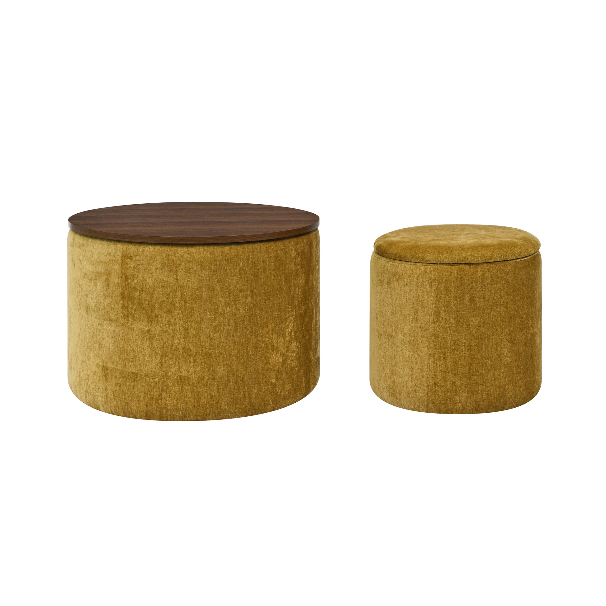 2 Piece Set Round Chenille Storage Ottoman, Equipped With A Drum Shaped Small Stool, Storage Space, And Mdf Made Desktop Panel Dark Yellow 23.62"X23.62"X16.53" Dark Yellow Chenille
