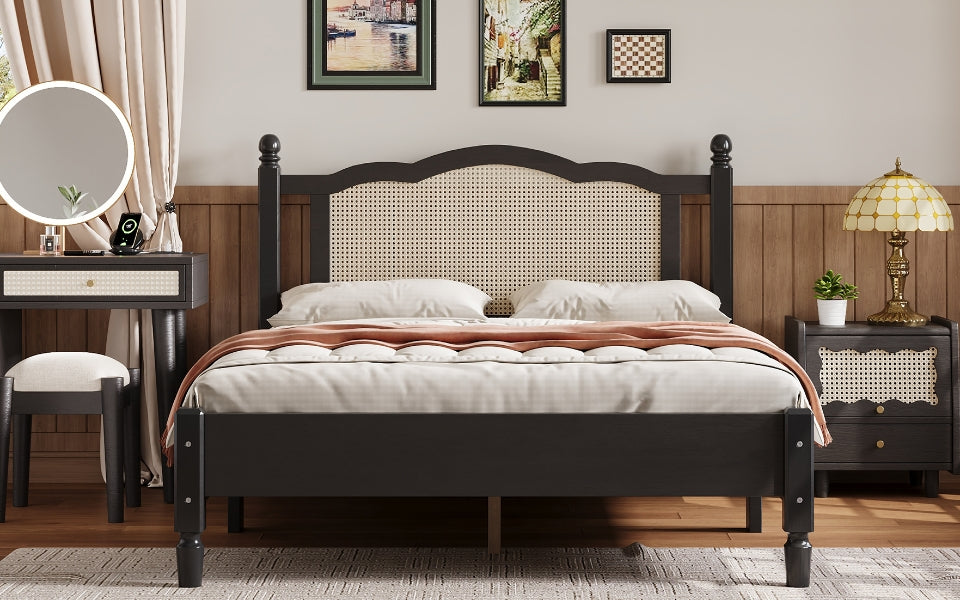 Full Size Wooden Platform Bed With Natural Rattan Headboard, Vintage Bed Frame With Wooden Slat Support, Black Box Spring Not Required Full Black Wood
