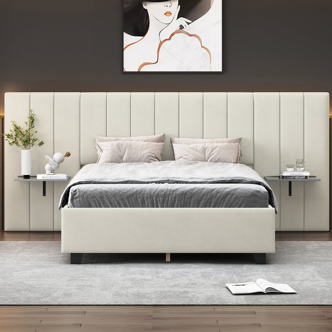 Full Size Upholstered Platform Bed With Big Headboard, Bedroom Furniture, Velvet, Beige Full Beige Plywood