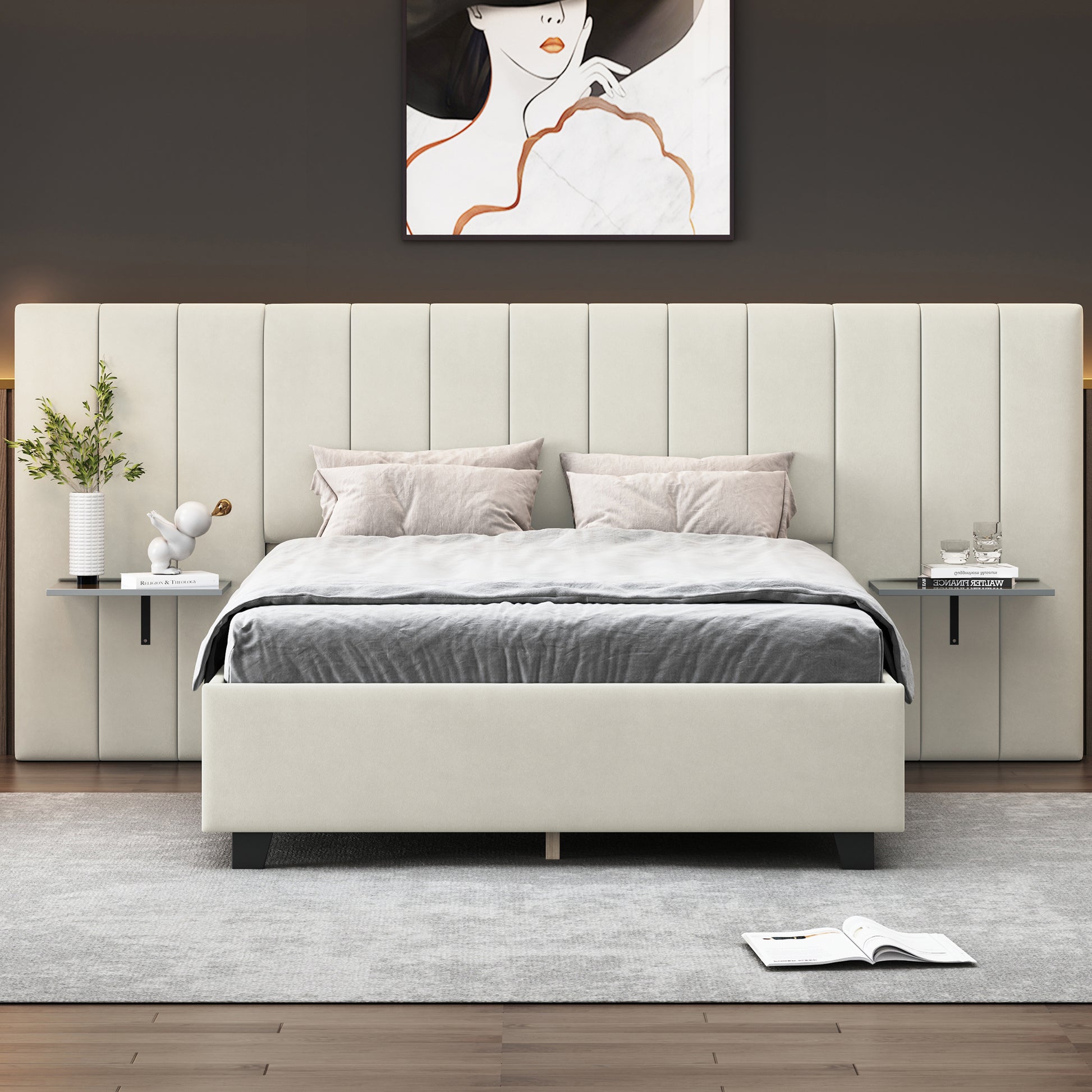 Full Size Upholstered Platform Bed With Big Headboard, Bedroom Furniture, Velvet, Beige Full Beige Plywood