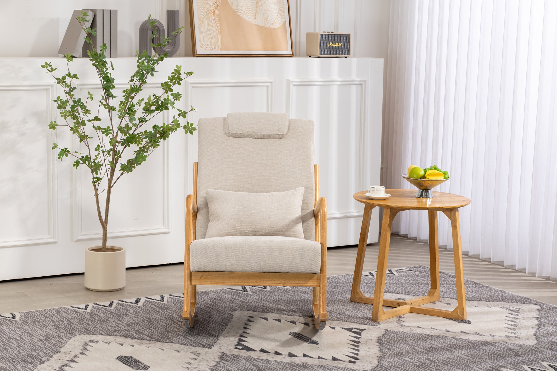 Rocking Chair Upholstered Fabric Rocking Armchair Indoor With High Backrest Glider Chairs And Lumbar Pillow For Living Room Beige Linen