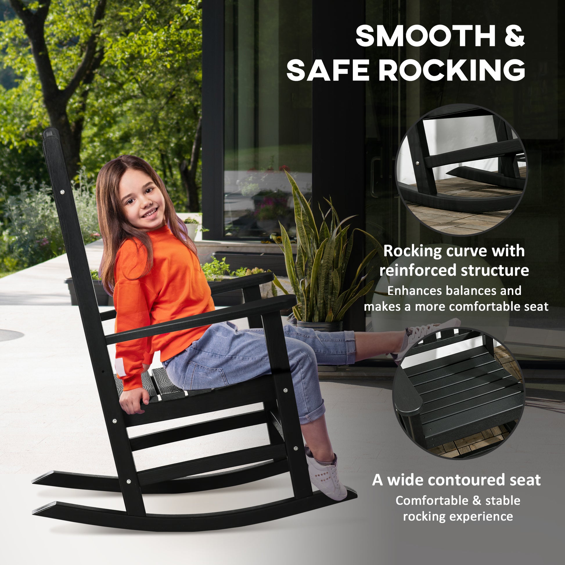 Outsunny Outdoor Rocking Chair, All Weather Resistant Hdpe Rocking Patio Chairs With Rustic High Back, Armrests, Oversized Seat And Slatted Backrest, 350Lbs Weight Capacity, Black Black Plastic