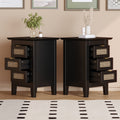 Wooden Nightstands Set Of 2 With Rattan Woven Surfaces And Three Drawers, Exquisite Elegance With Natural Storage Solutions For Bedroom, Black Black Particle Board