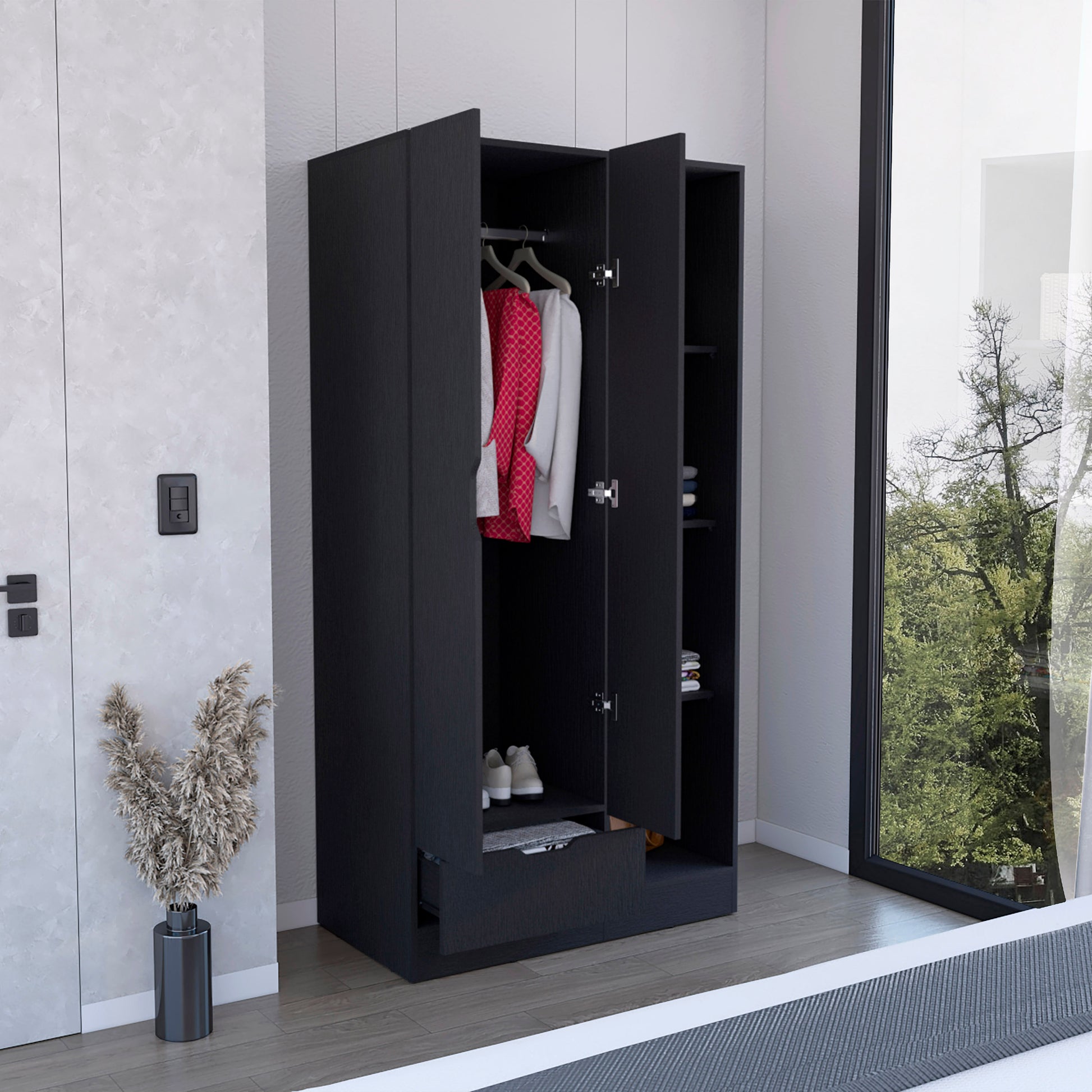 Memphis Wardrobe Armoire With 4 Tier Storage Shelves And 1 Drawer Black Black Particle Board