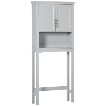 Kleankin Modern Over The Toilet Storage Cabinet, Double Door Bathroom Organizer With Inner Adjustable Shelf And Open Shelf, Grey Grey Mdf