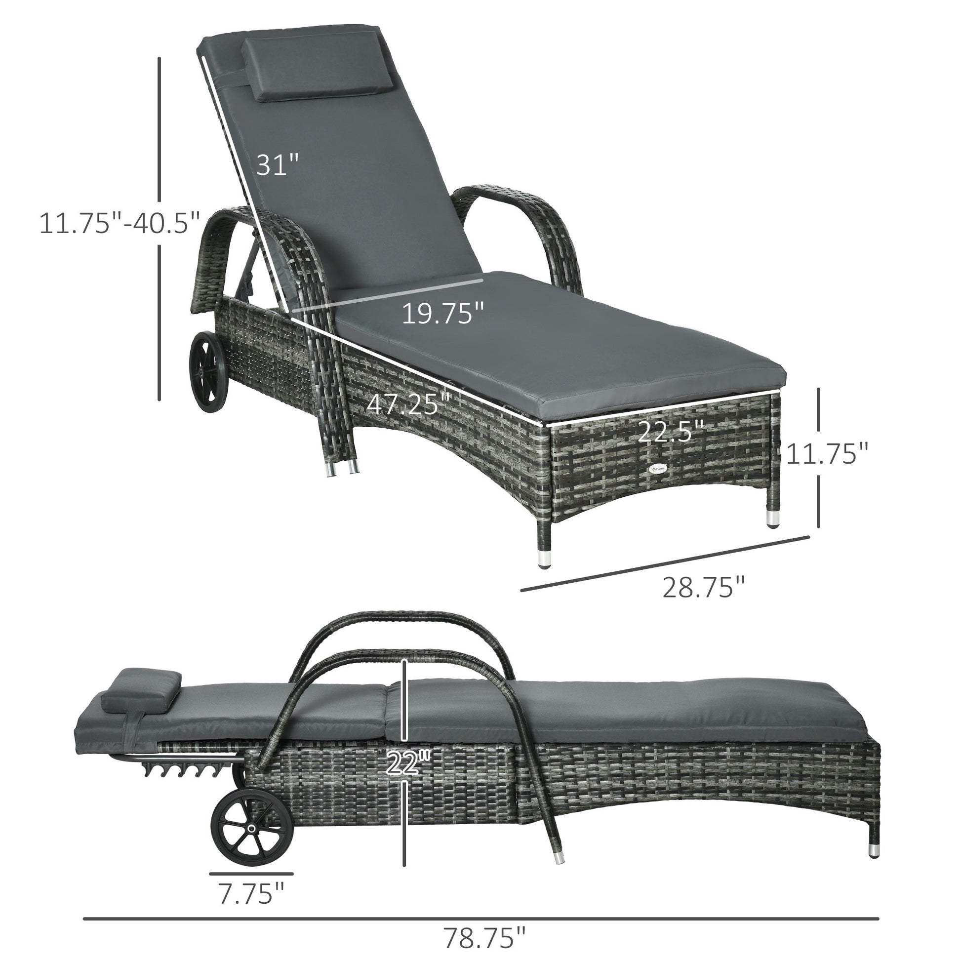 Outsunny Wicker Outdoor Chaise Lounge, 5 Level Adjustable Backrest Pe Rattan Pool Lounge Chair With Wheels, Cushion & Headrest, Mixed Gray And Charcoal Gray Gray Rattan Metal