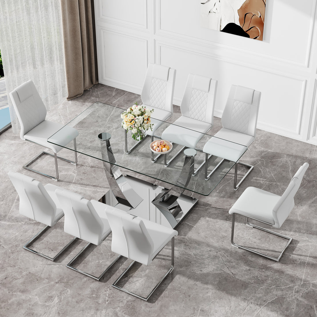 Table And Chair Set.Contemporary, Minimalist Rectangular Dining Table Featuring A Clear Tempered Glass Top And Sleek Silver Legs. Paried With Chairs Made Of Pu Material Cushion And Silver Metal Legs. White Seats 8 Glass Metal