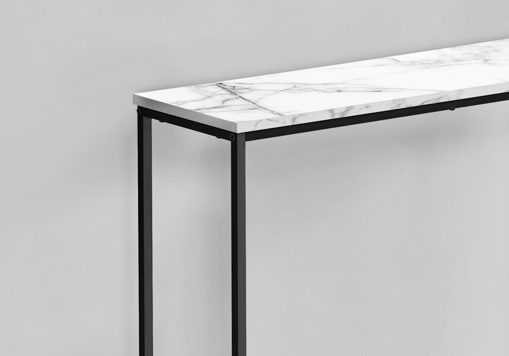 Accent Table, Console, Entryway, Narrow, Sofa, Living Room, Bedroom, White Marble Look Laminate, Black Metal, Contemporary, Modern White Particle Board