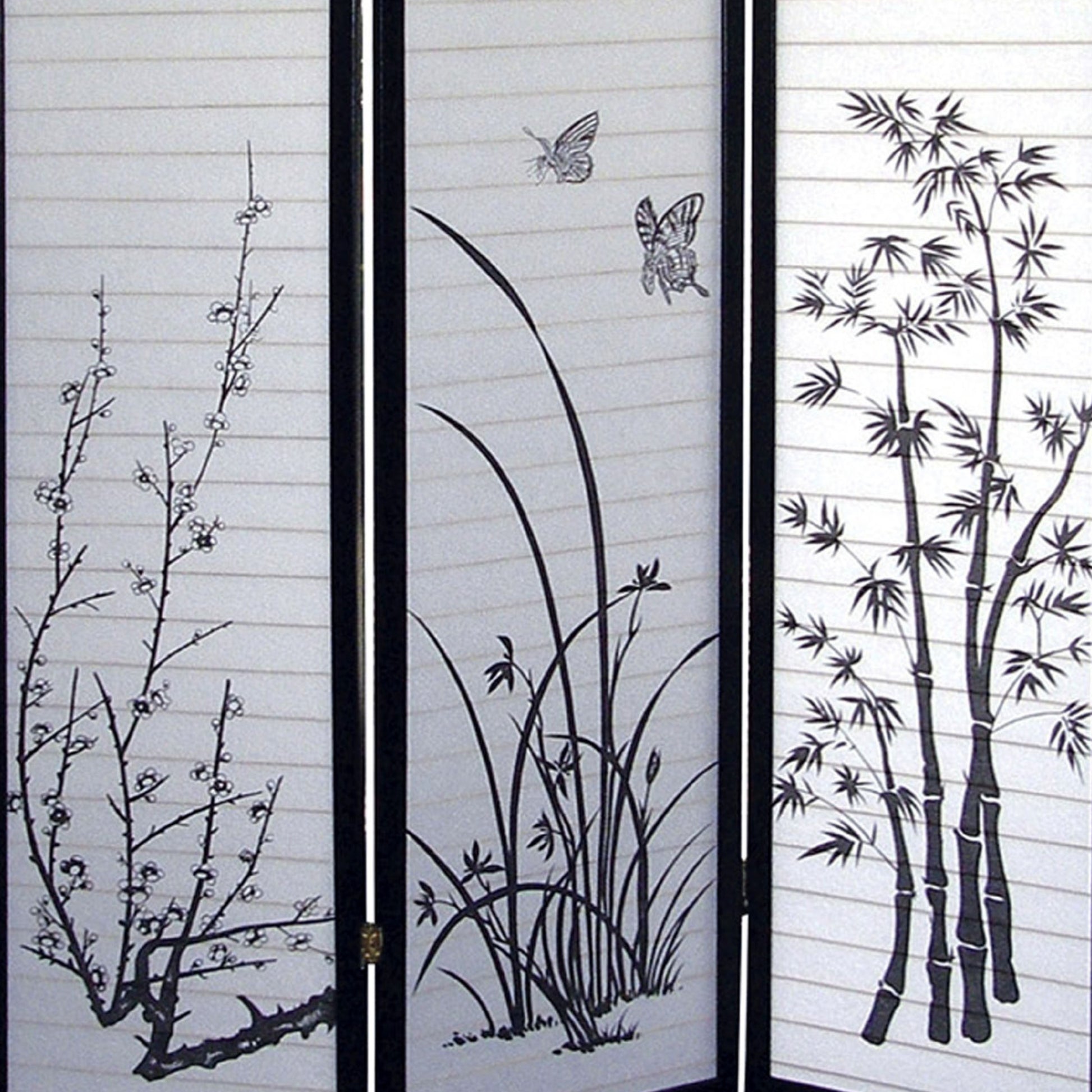 70" Tall 3 Panel Screen Room Divider, Floral Design With Black Finish Black Wood