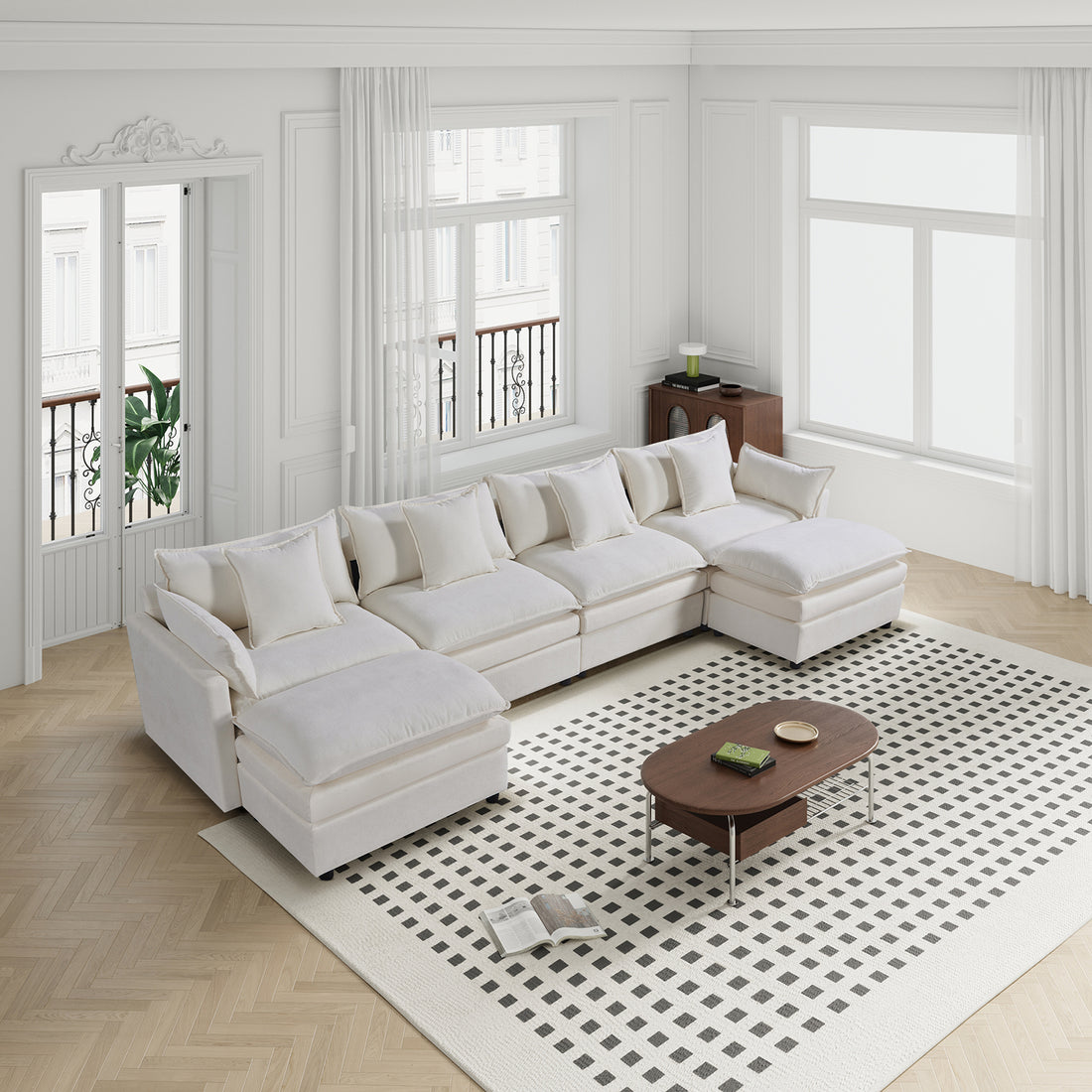 142.52"Modern Chenille U Shaped Sectional Sofa With Convertible Chaise, Comfy Cloud Couch Deep Sectional Sofa With Ottomans For Living Room White Wood Foam Chenille 4 Seat